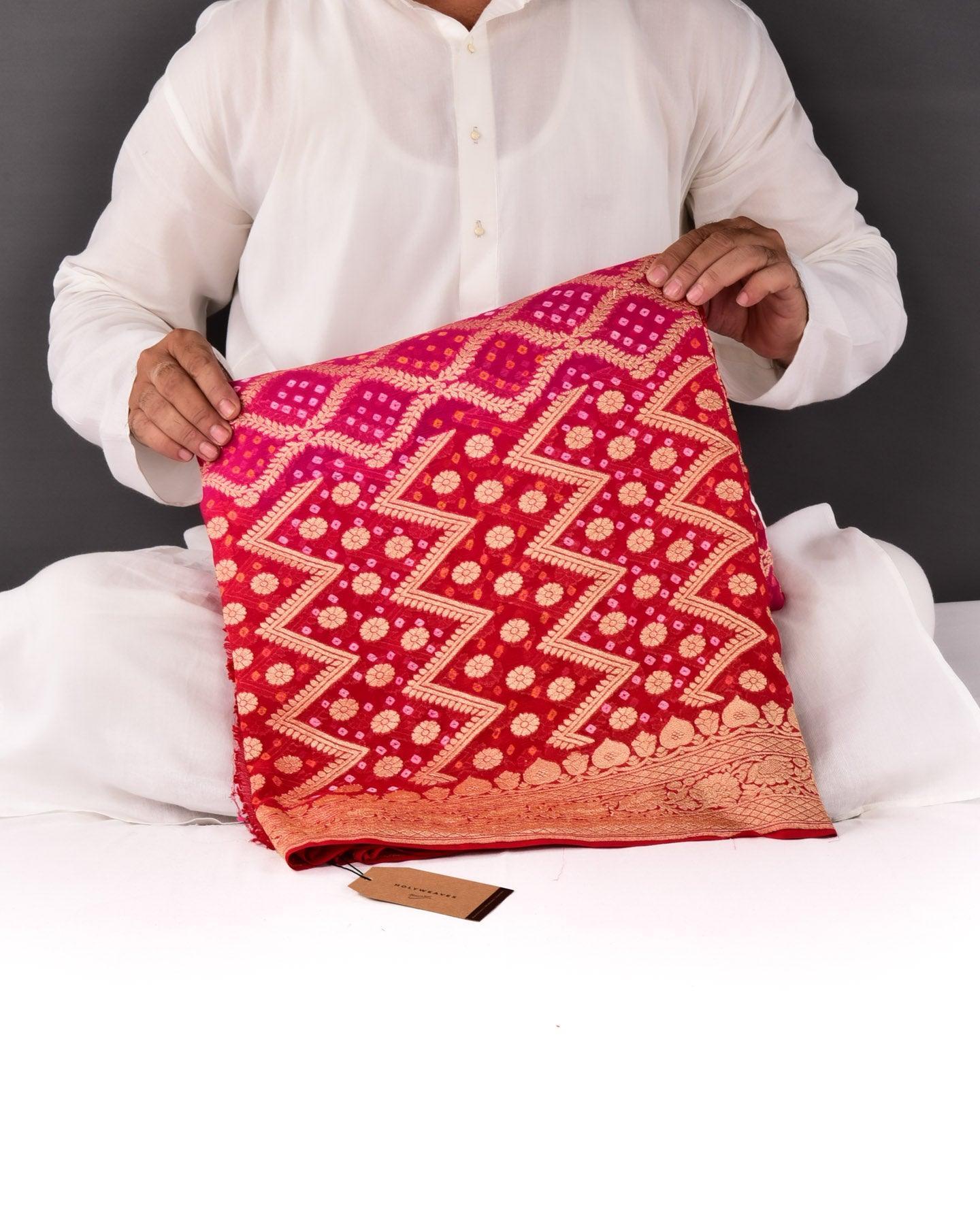 Shaded Red-Pink Banarasi Gold Zari Cutwork Brocade Handwoven Khaddi Georgette Saree with White & Yellow Bandhej - By HolyWeaves, Benares