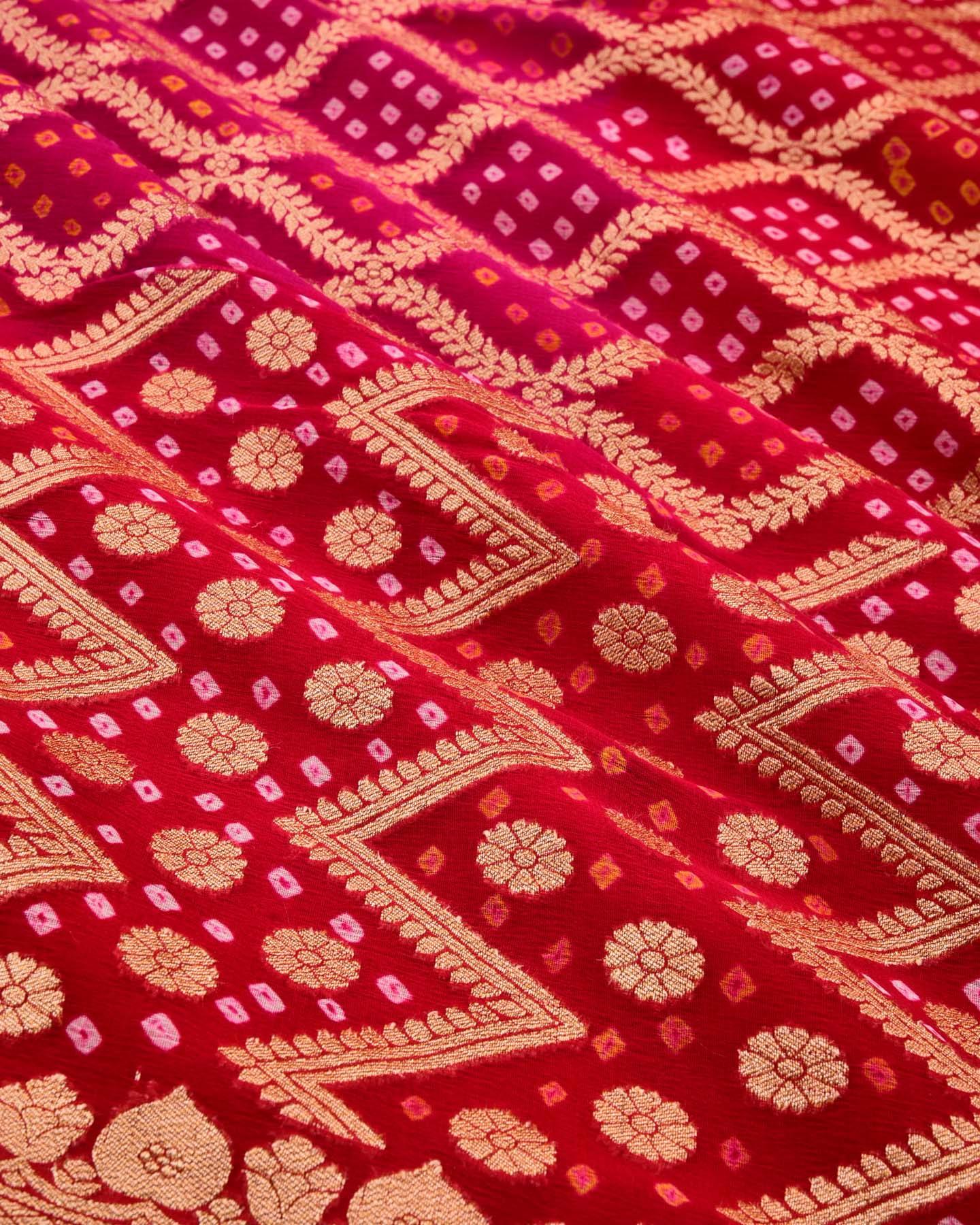 Shaded Red-Pink Banarasi Gold Zari Cutwork Brocade Handwoven Khaddi Georgette Saree with White & Yellow Bandhej - By HolyWeaves, Benares