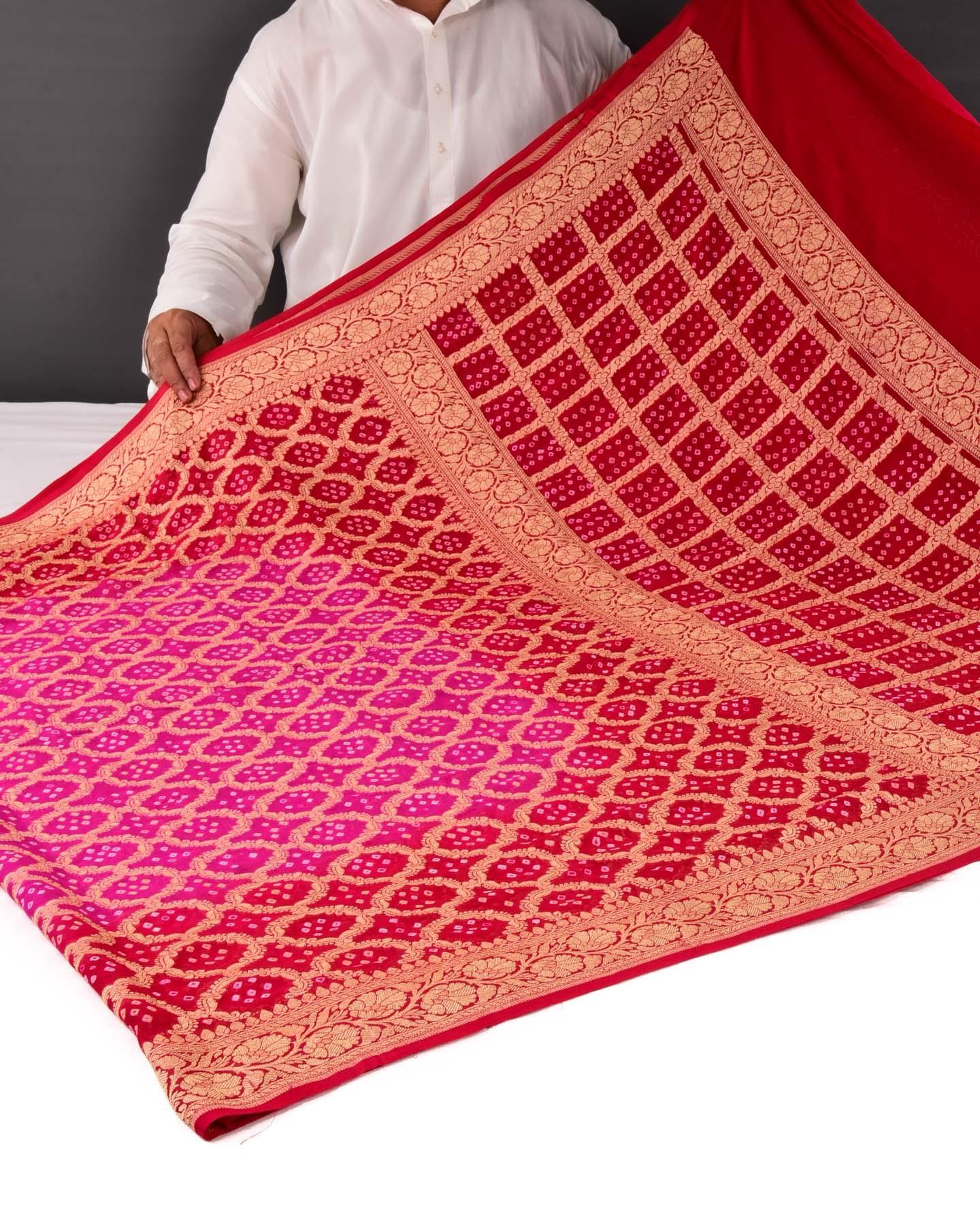 Shaded Red-Pink Banarasi Gold Zari Cutwork Brocade Handwoven Khaddi Georgette Saree with White Bandhej - By HolyWeaves, Benares