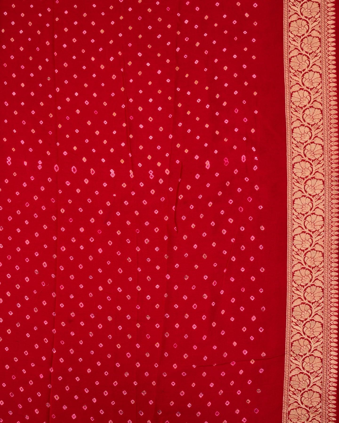 Shaded Red-Pink Banarasi Gold Zari Cutwork Brocade Handwoven Khaddi Georgette Saree with White Bandhej - By HolyWeaves, Benares