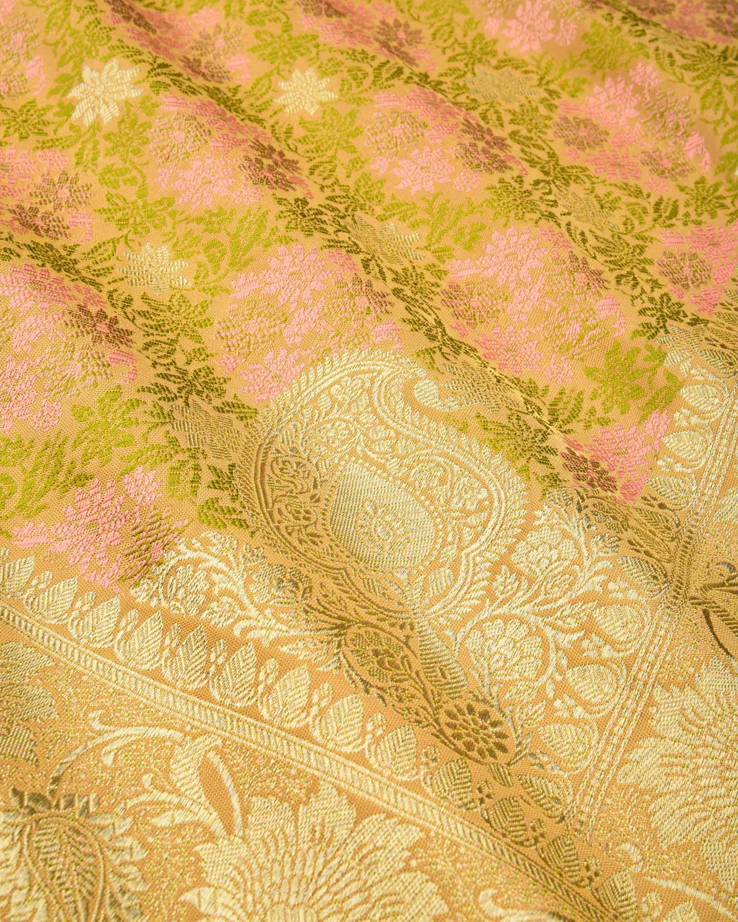 Shot Beige Green Banarasi Tehri Resham Meena and Gold Zari Ghana Jaal Satin Tanchoi Brocade Woven Art Silk Saree - By HolyWeaves, Benares