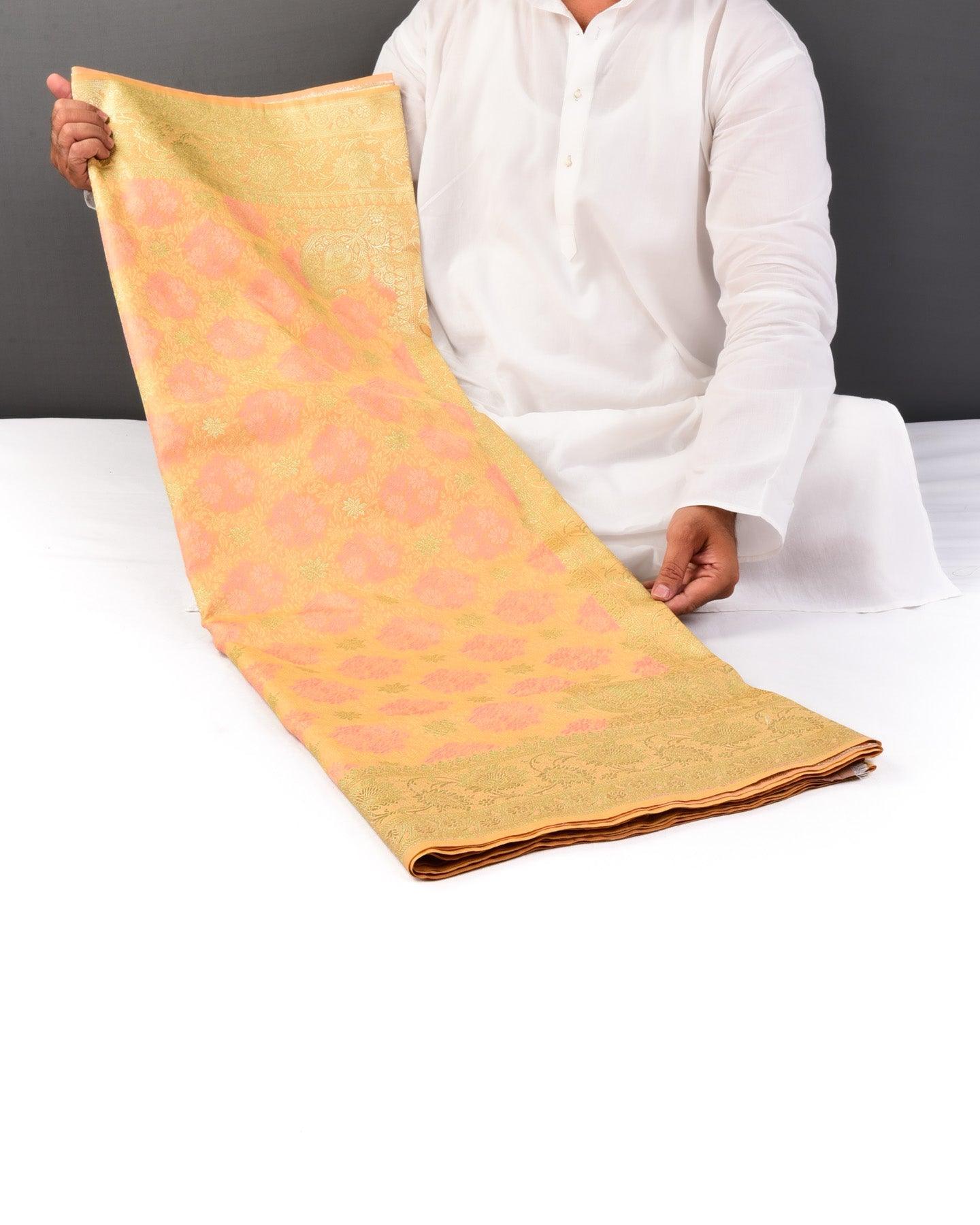 Shot Beige Yellow Banarasi Tehri Resham Meena and Gold Zari Ghana Jaal Satin Tanchoi Brocade Woven Art Silk Saree - By HolyWeaves, Benares