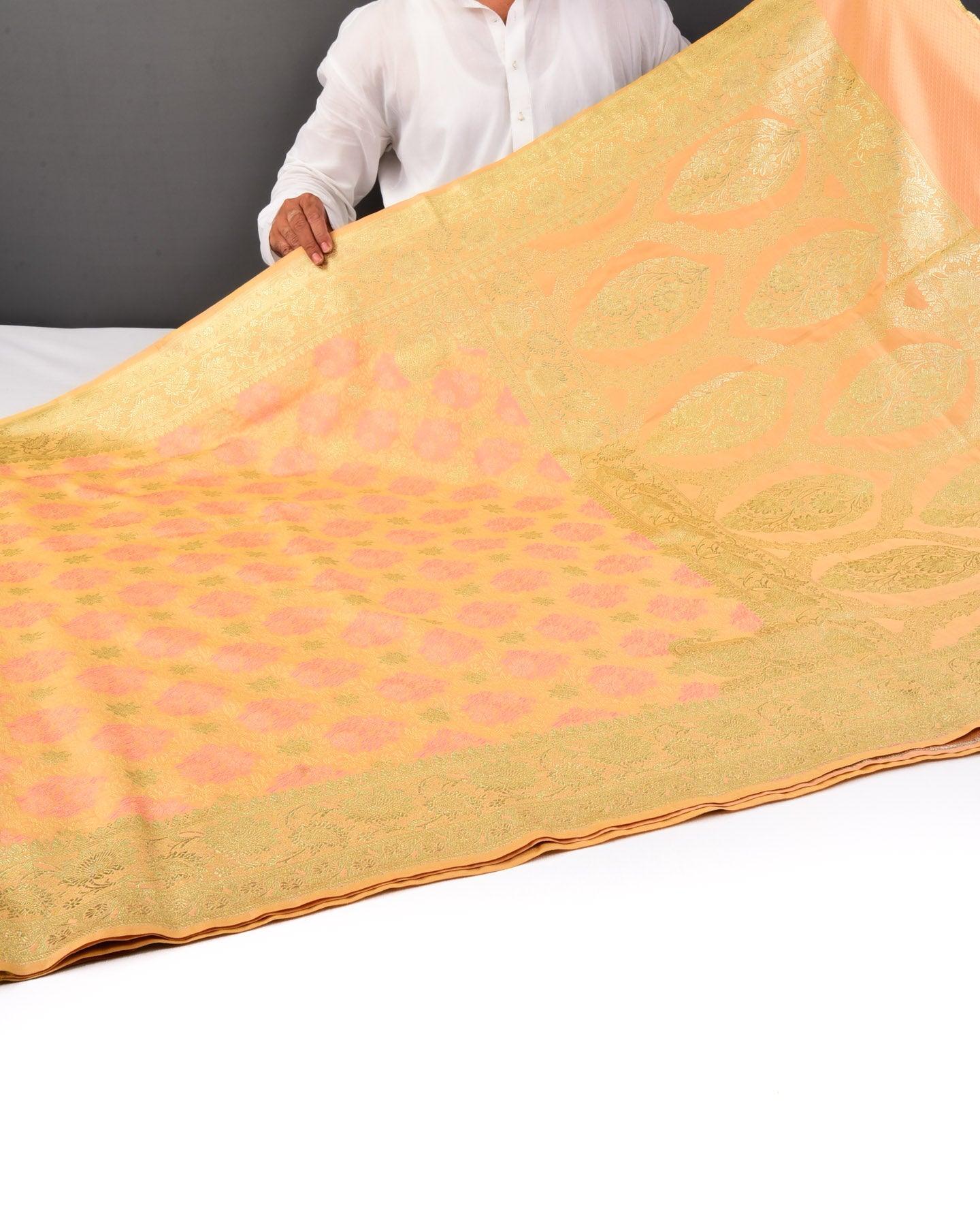 Shot Beige Yellow Banarasi Tehri Resham Meena and Gold Zari Ghana Jaal Satin Tanchoi Brocade Woven Art Silk Saree - By HolyWeaves, Benares