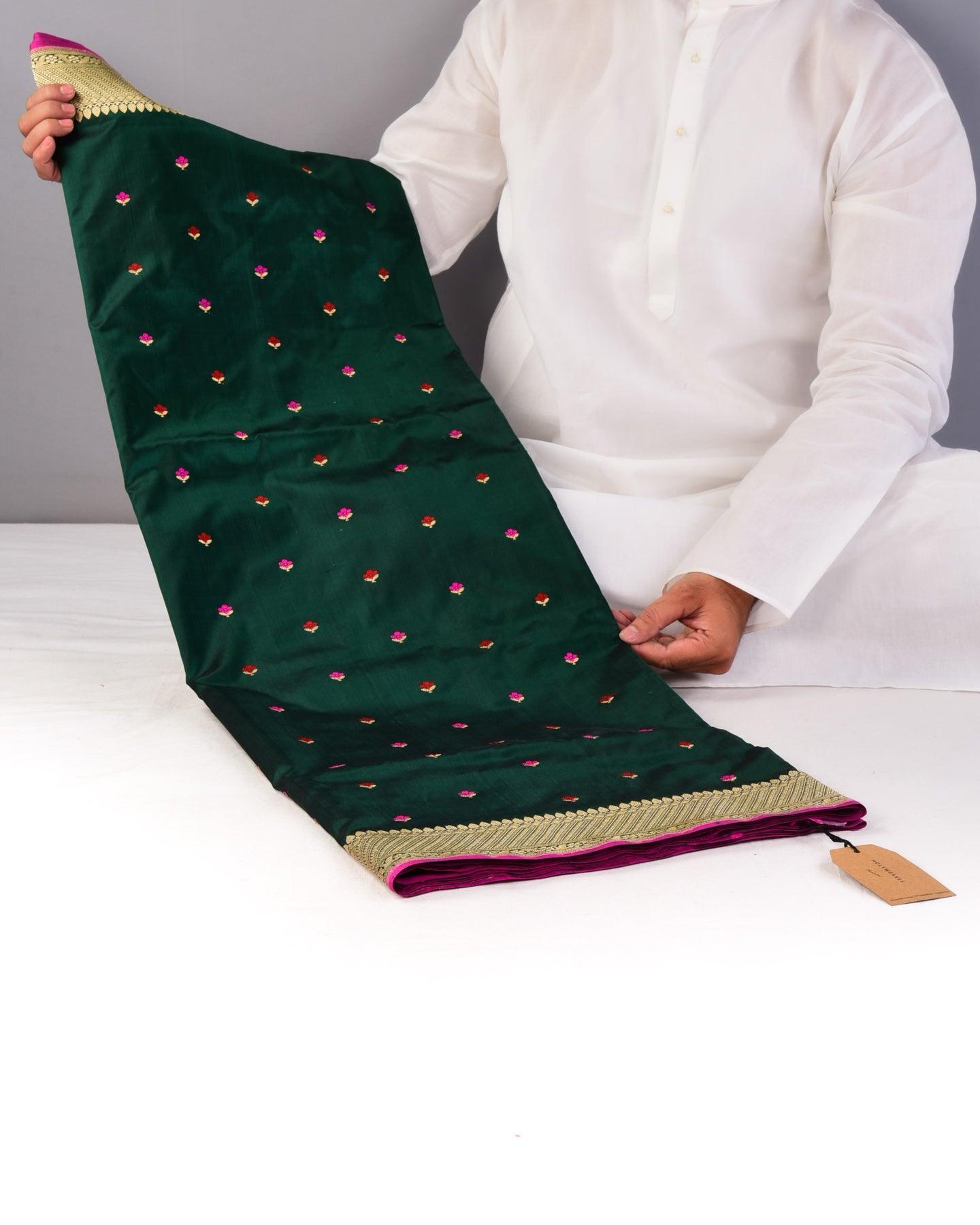 Shot Black Green Banarasi Buti Alfi Kadhuan Brocade Handwoven Katan Silk Saree - By HolyWeaves, Benares