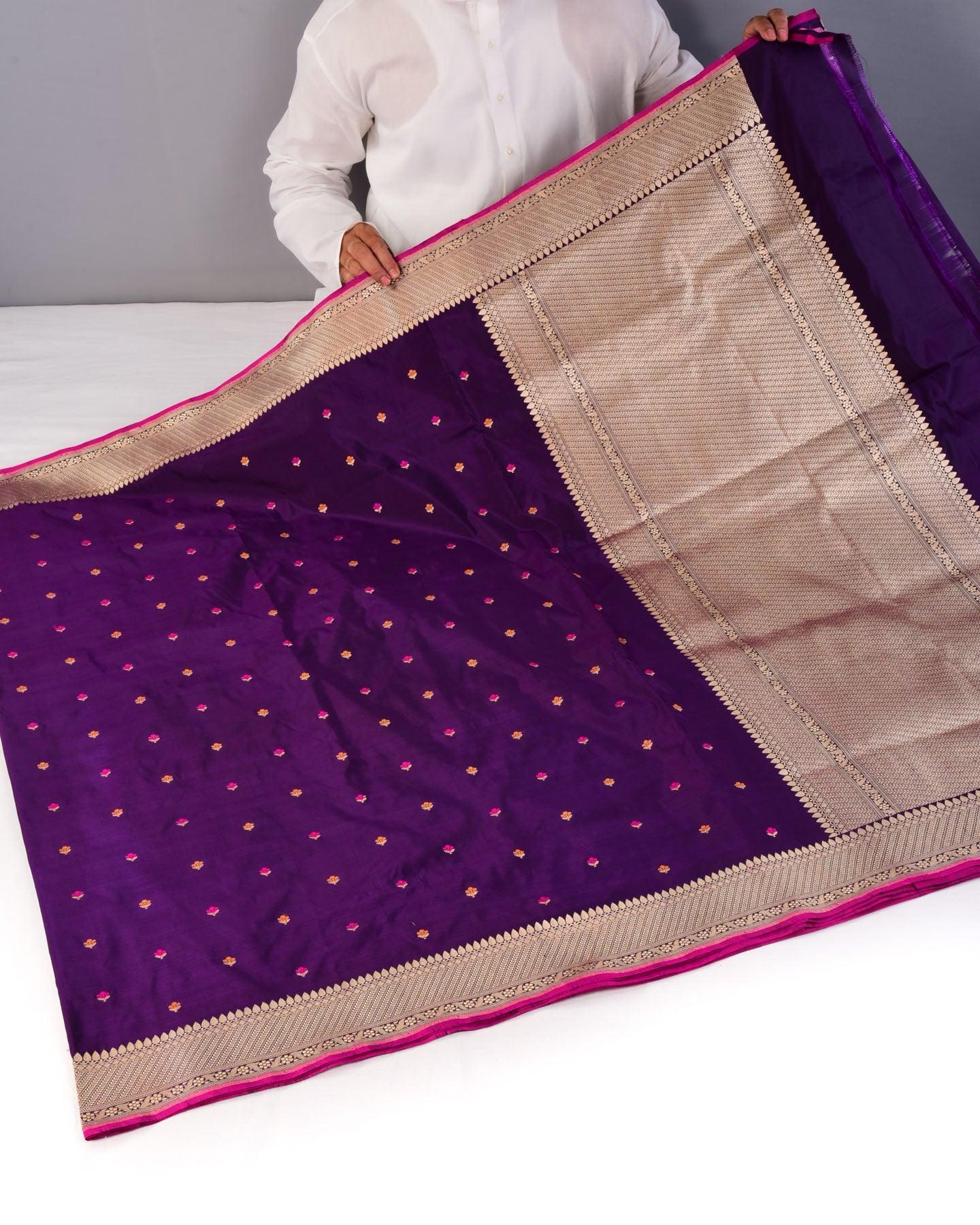 Shot Black Purple Banarasi Buti Alfi Kadhuan Brocade Handwoven Katan Silk Saree - By HolyWeaves, Benares