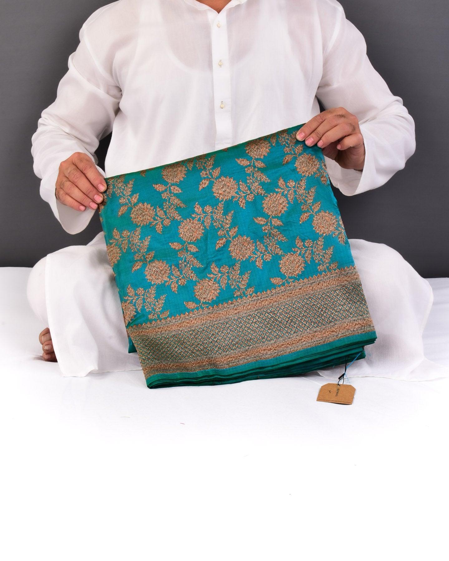 Shot Blue-Green Banarasi Antique Zari Jaal Cutwork Brocade Handwoven Katan Silk Saree - By HolyWeaves, Benares