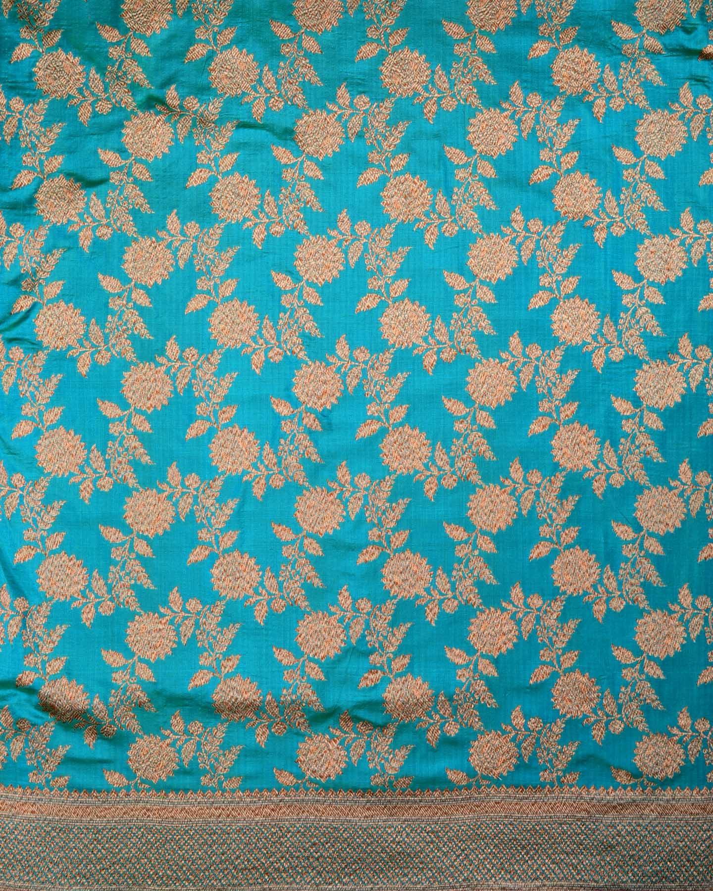 Shot Blue-Green Banarasi Antique Zari Jaal Cutwork Brocade Handwoven Katan Silk Saree - By HolyWeaves, Benares