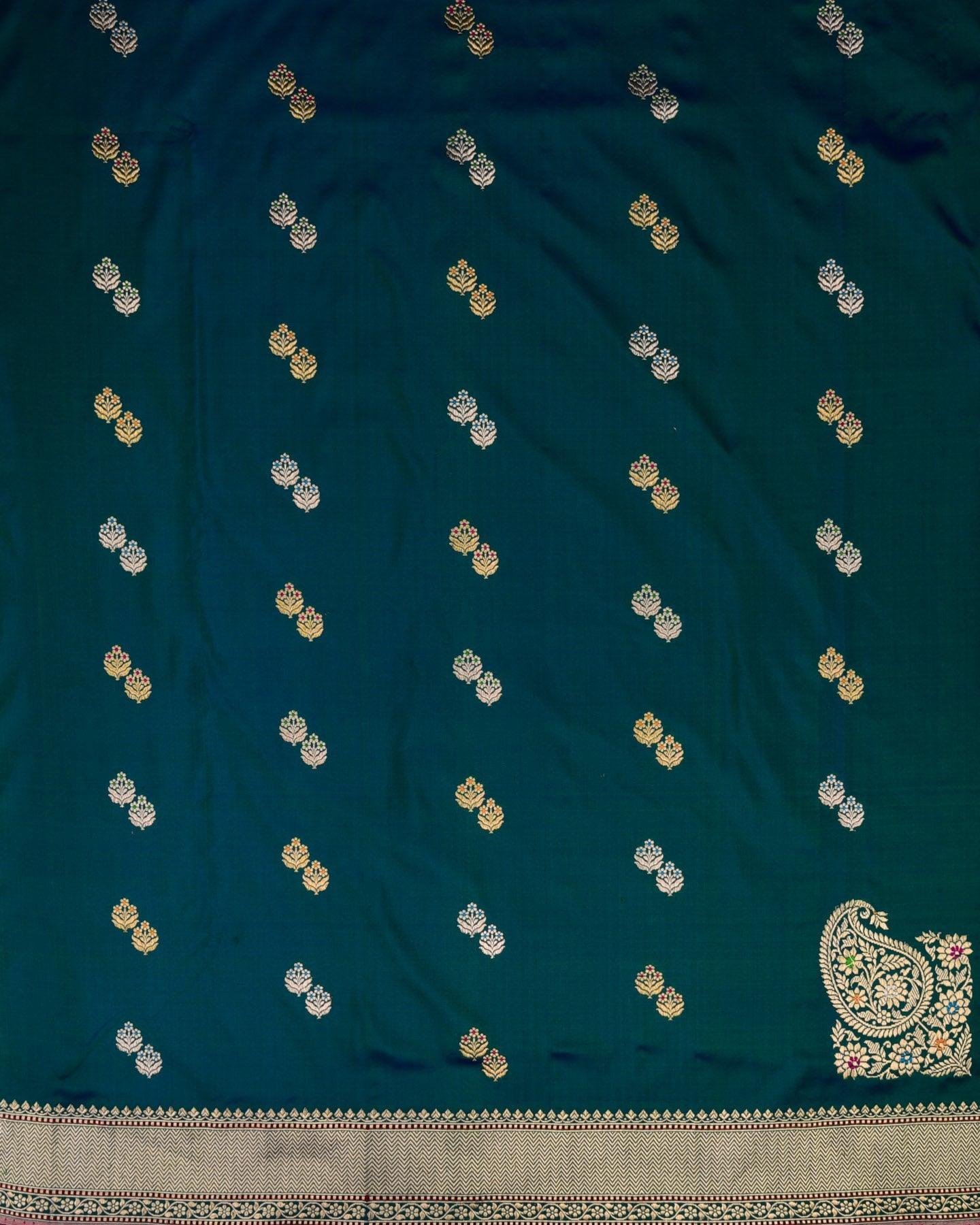 Shot Blue-Green Banarasi Gold & Silver Zari Alfi Meena Duet Buti Kadhuan Brocade Handwoven Katan Silk Saree with Meenekari Koniya Buta - By HolyWeaves, Benares