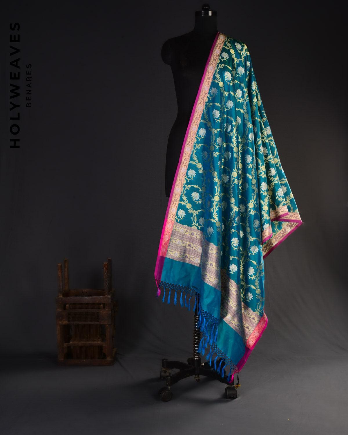 Shot Blue-Green Banarasi Kamal Jaal Alfi Sona Rupa Cutwork Brocade Handwoven Katan Silk Dupatta - By HolyWeaves, Benares