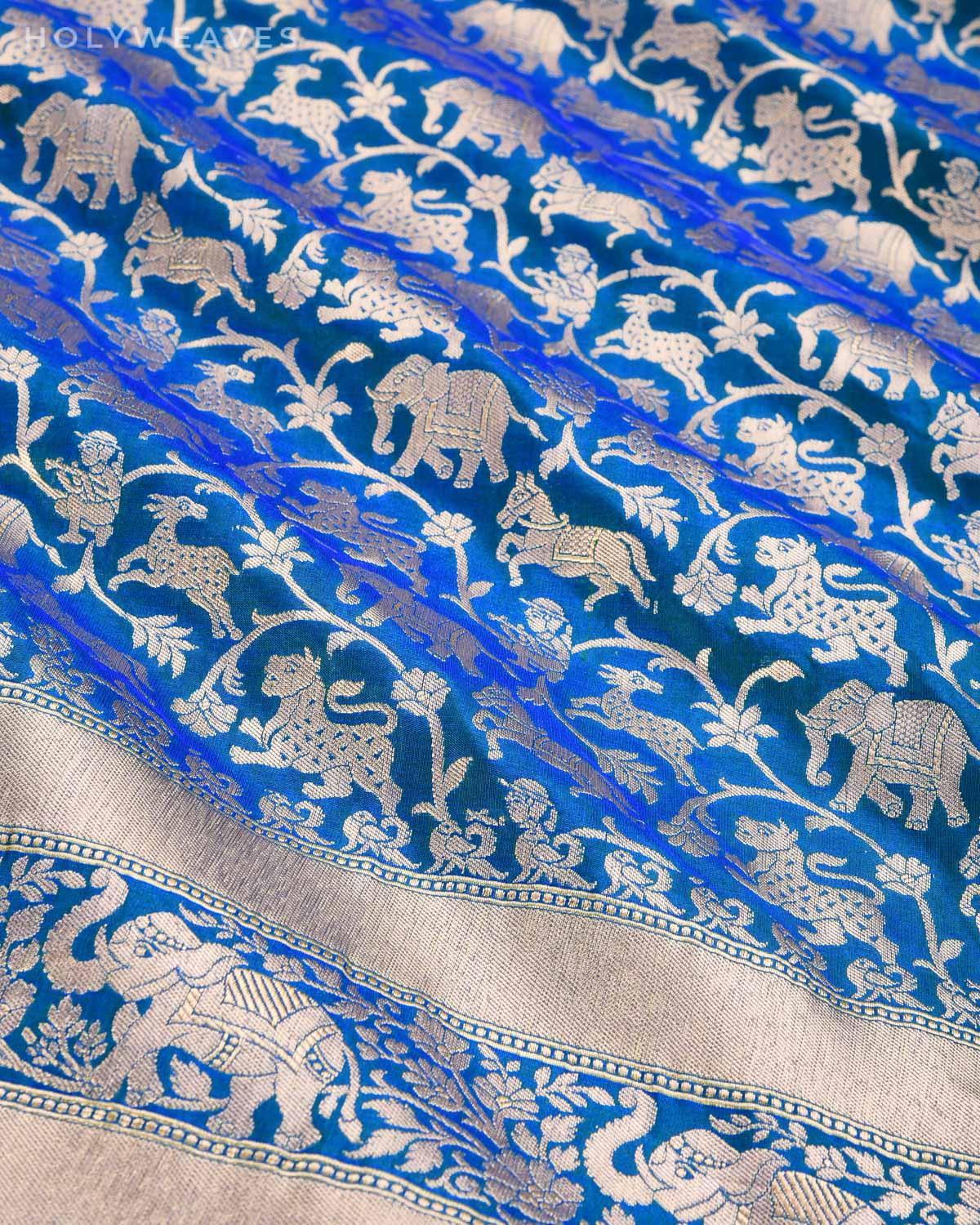 Shot Blue-Green Banarasi Shikargah Cutwork Brocade Handwoven Katan Silk Saree with Elephant Trail Border - By HolyWeaves, Benares