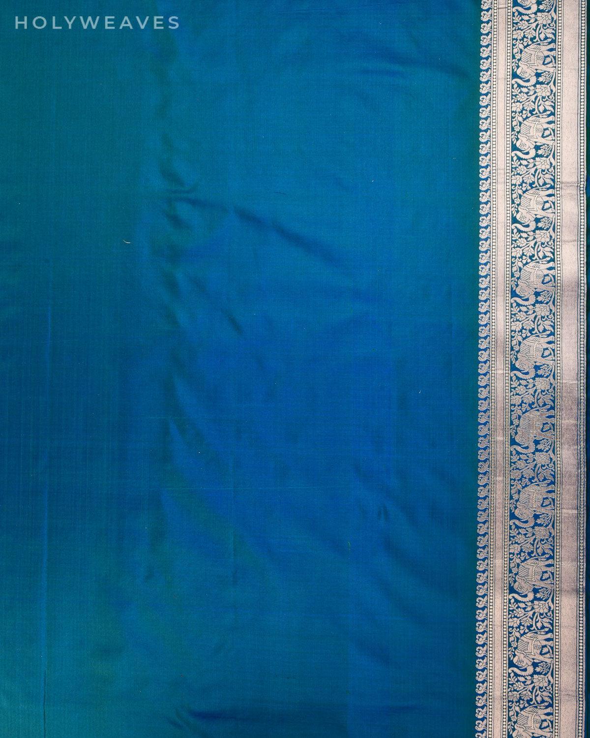 Shot Blue-Green Banarasi Shikargah Cutwork Brocade Handwoven Katan Silk Saree with Elephant Trail Border - By HolyWeaves, Benares