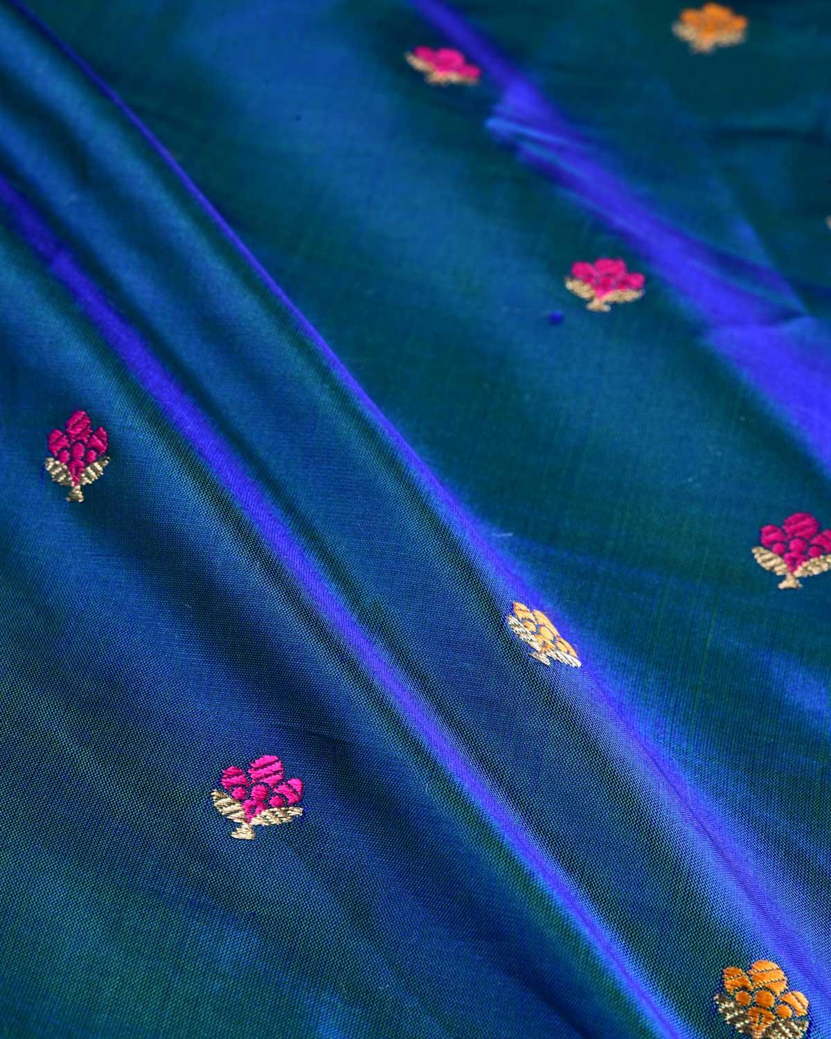 Shot Blue-Green Banarasi Yellow & Rani Pink Resham Buti Brocade Handwoven Silk Pocket Square with Gold Zari Accents - By HolyWeaves, Benares
