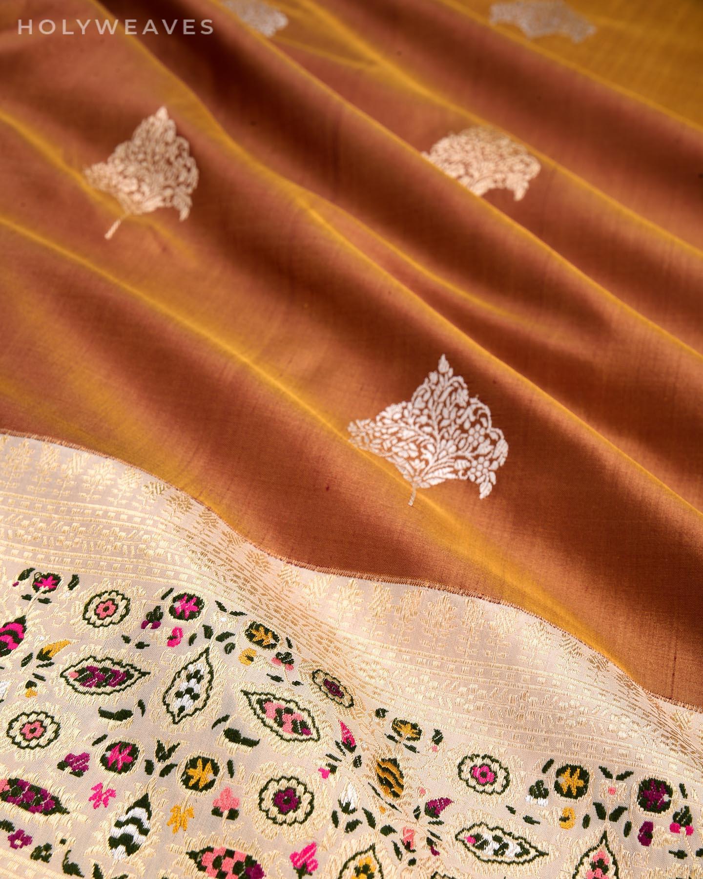 Shot Brown Banarasi Kadhuan Brocade Handwoven Katan Silk Saree with Chauhara Mennedar Border Pallu - By HolyWeaves, Benares