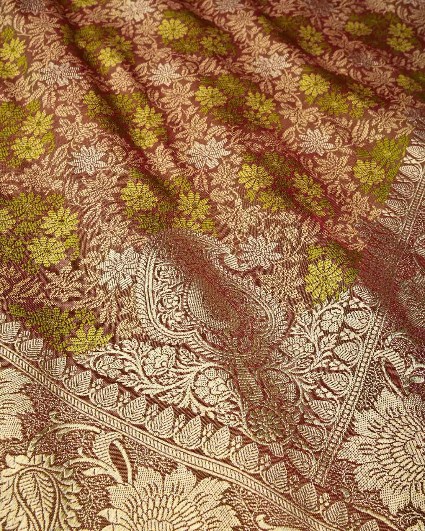 Shot Brown Banarasi Tehri Resham Meena and Gold Zari Ghana Jaal Satin Tanchoi Brocade Woven Art Silk Saree - By HolyWeaves, Benares