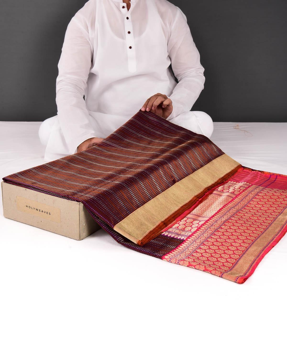 Shot Chocolate Brown Banarasi Resham Geometrical Stripes Brocade Handwoven Katan Silk Saree - By HolyWeaves, Benares