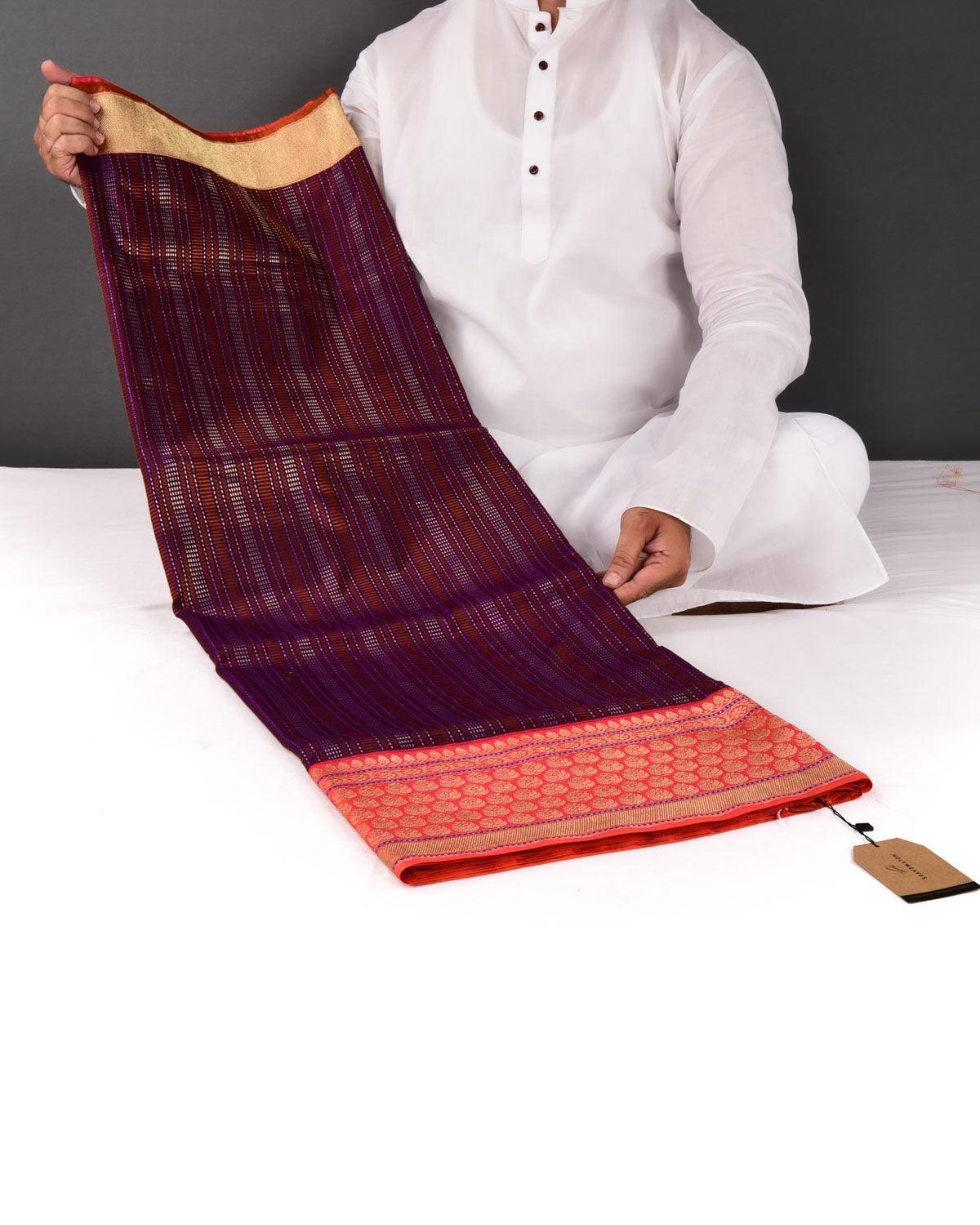 Shot Chocolate Brown Banarasi Resham Geometrical Stripes Brocade Handwoven Katan Silk Saree - By HolyWeaves, Benares