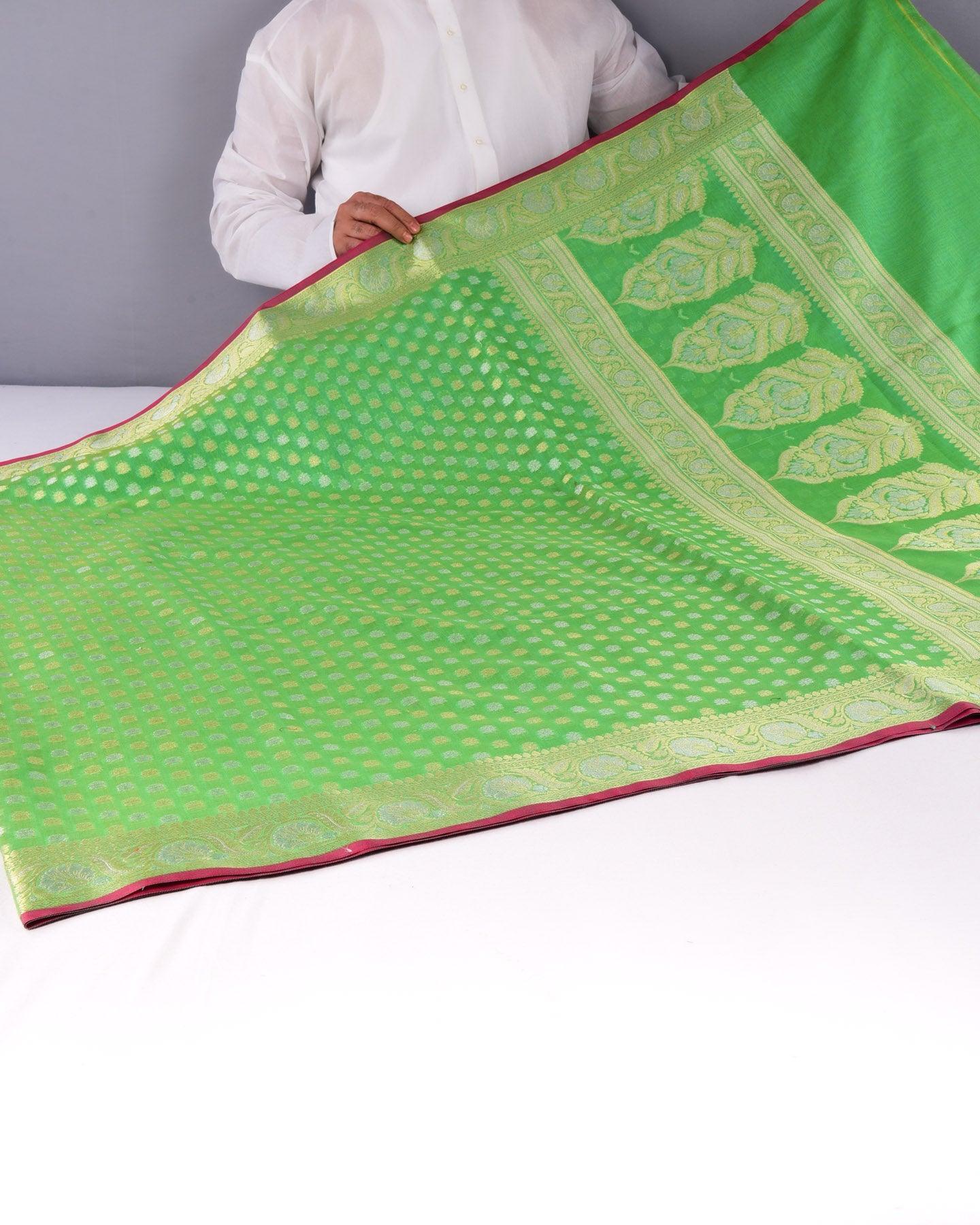 Shot Green Banarasi Gold & Silver Buti Cutwork Brocade Woven Cotton Silk Saree - By HolyWeaves, Benares
