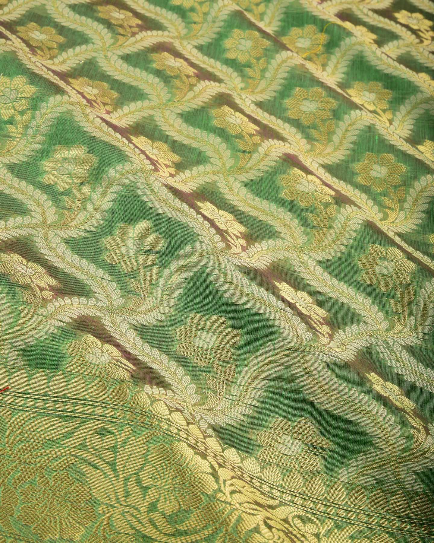 Shot Green Banarasi Zari and Resham Jaal Cutwork Brocade Woven Cotton Silk Saree - By HolyWeaves, Benares