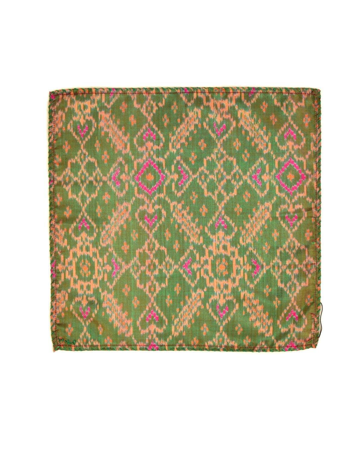 Shot Green Ikat Handwoven Silk Pocket Square - By HolyWeaves, Benares