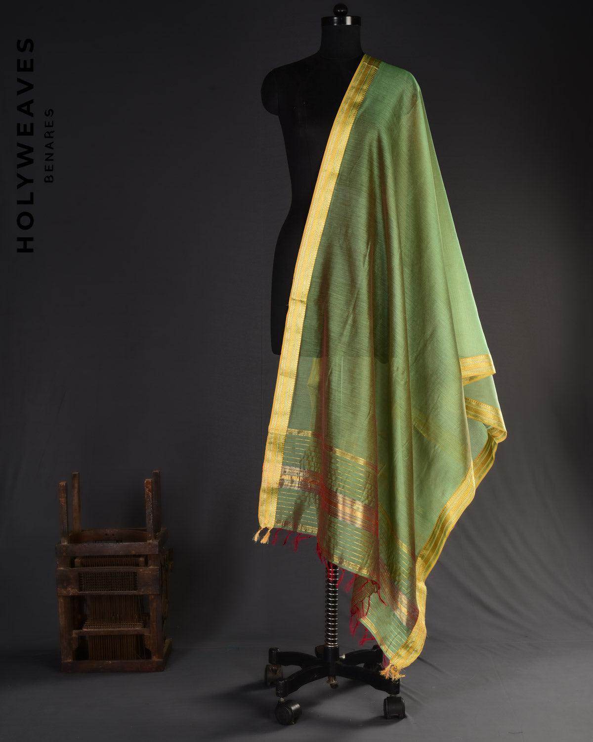 Shot Green Woven Cotton Silk Dupatta with Brocade Border - By HolyWeaves, Benares