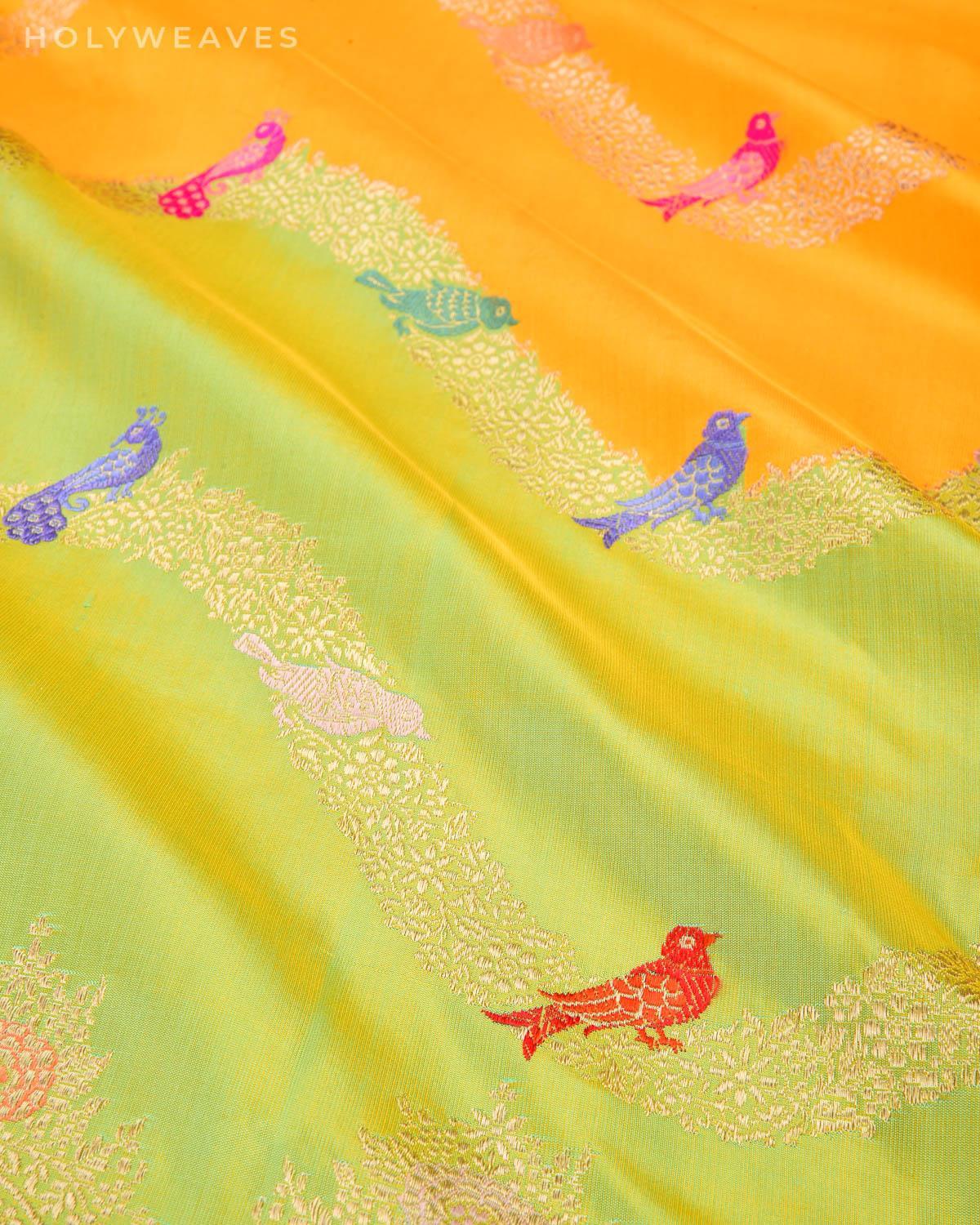 Shot Green Yellow Banarasi Rangkaat "Mor Chiraiyya" Kadhuan Brocade Handwoven Katan Silk Saree - By HolyWeaves, Benares