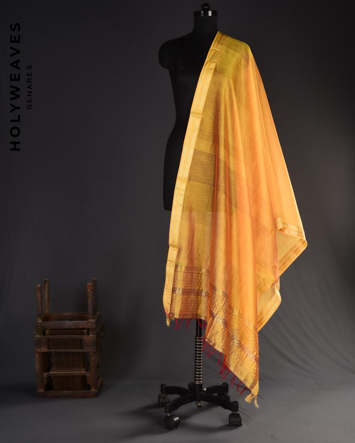 Shot Marigold Yellow Woven Cotton Silk Dupatta with Brocade Border - By HolyWeaves, Benares