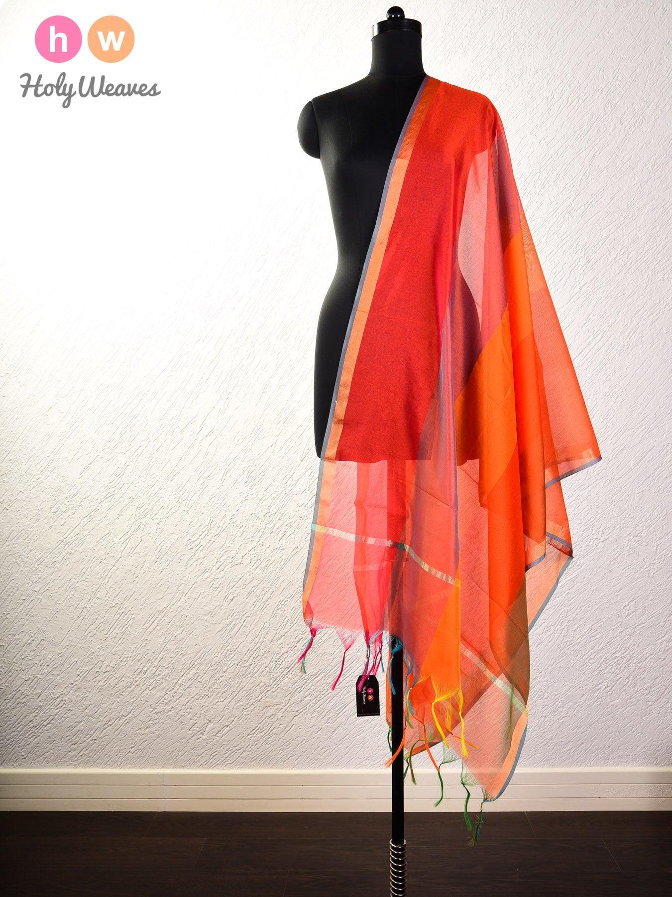Shot Multi-Orange Woven Poly Cotton Silk Dupatta - By HolyWeaves, Benares