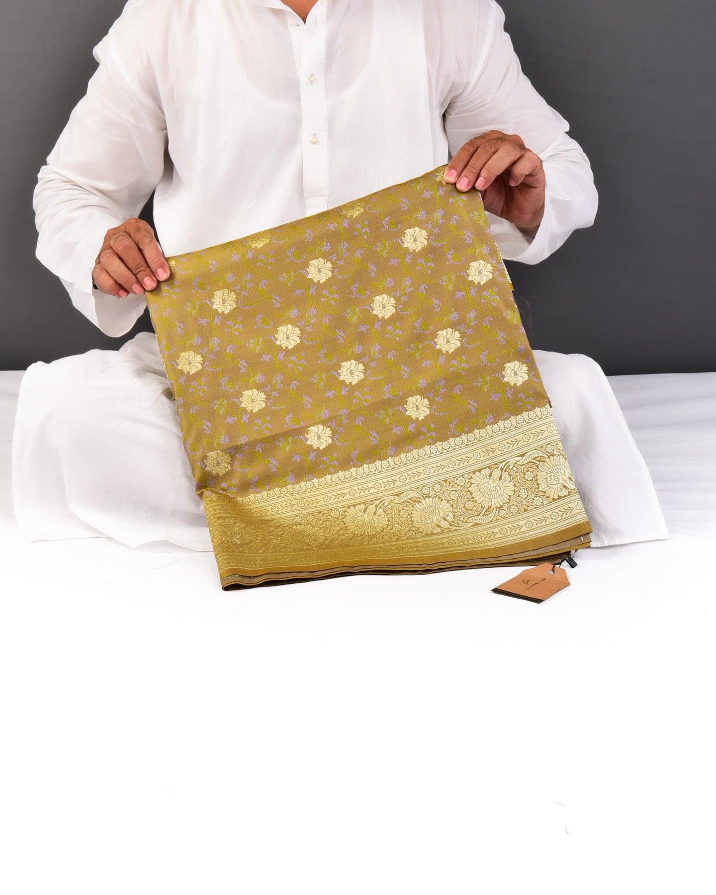 Shot Olive Green Banarasi Tehri Resham Meena and Gold Zari Maheen Jaal Satin Tanchoi Brocade Woven Art Silk Saree - By HolyWeaves, Benares