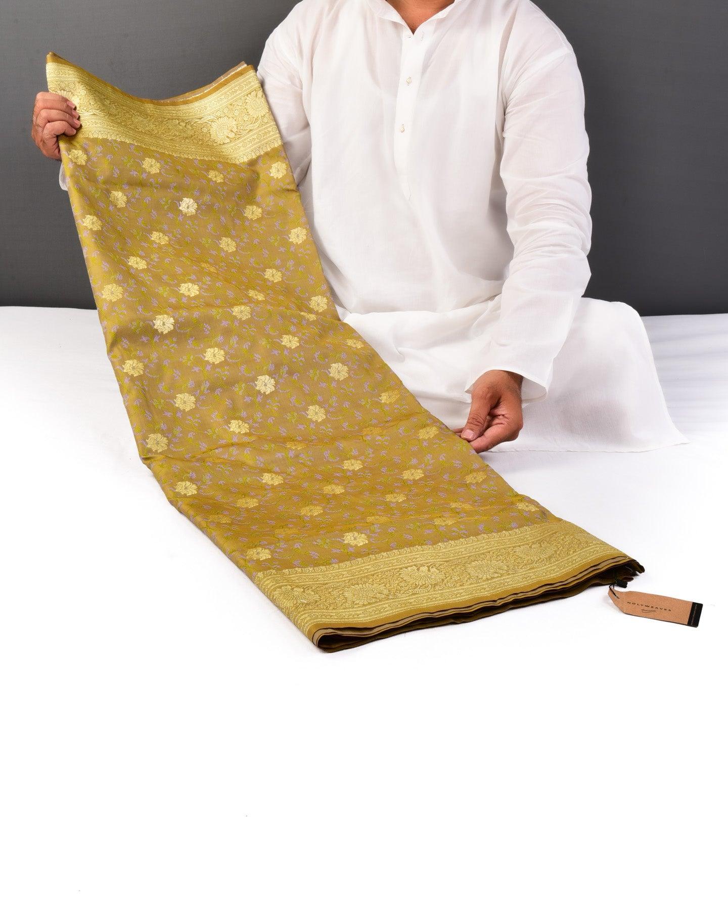 Shot Olive Green Banarasi Tehri Resham Meena and Gold Zari Maheen Jaal Satin Tanchoi Brocade Woven Art Silk Saree - By HolyWeaves, Benares
