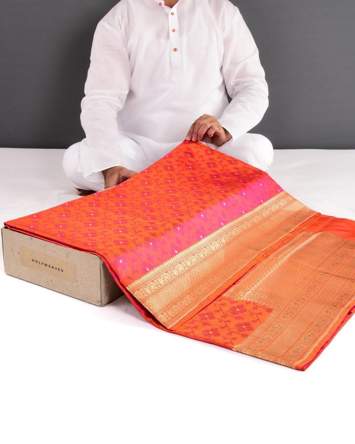Shot Orange Banarasi Dotted Satin Tanchoi Brocade Handwoven Katan Silk Saree - By HolyWeaves, Benares