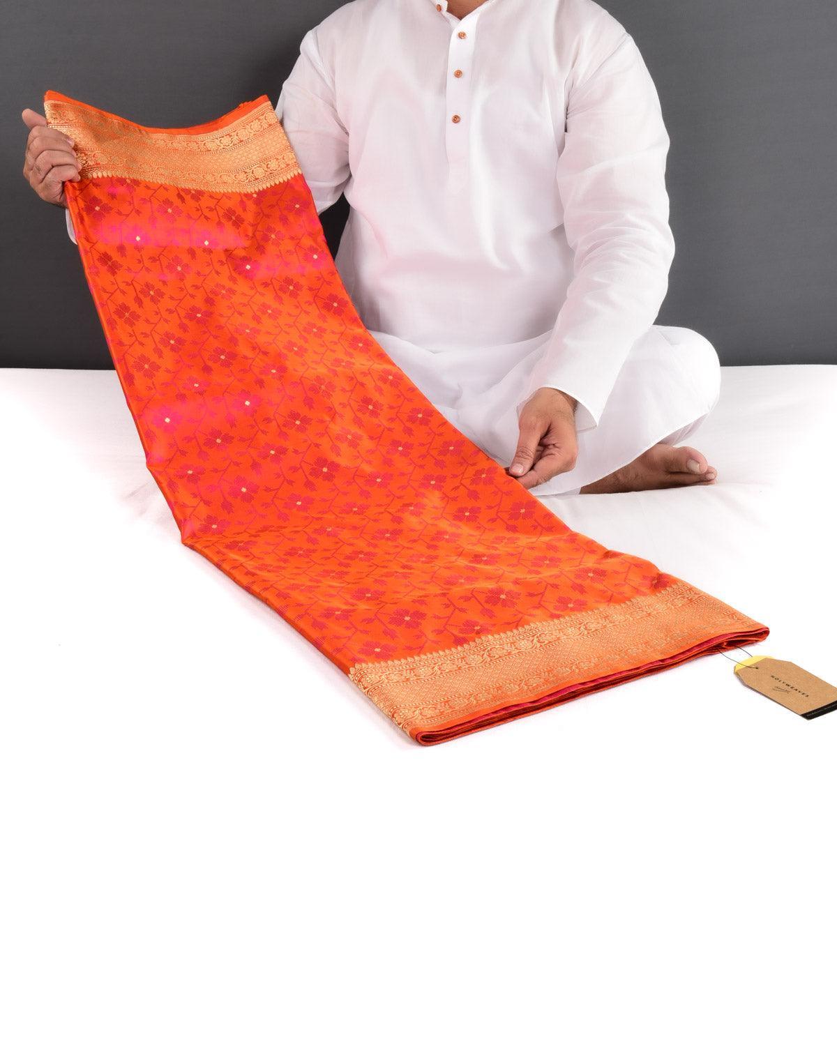 Shot Orange Banarasi Dotted Satin Tanchoi Brocade Handwoven Katan Silk Saree - By HolyWeaves, Benares