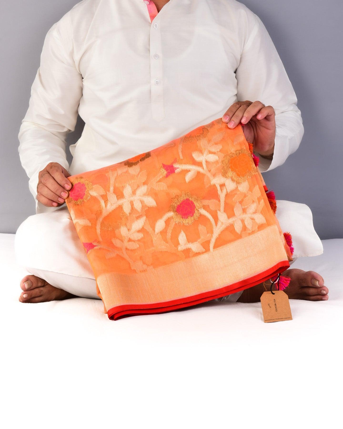 Shot Orange Banarasi Floral Jaal Silver Antique Cutwork Brocade Handwoven Kora Silk Saree - By HolyWeaves, Benares