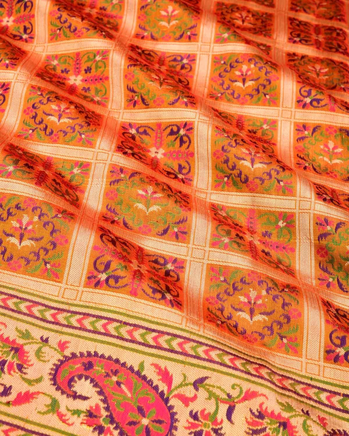 Shot Orange Banarasi Gold Zari and Resham Chequered Cutwork Brocade Handwoven Katan Silk Saree - By HolyWeaves, Benares
