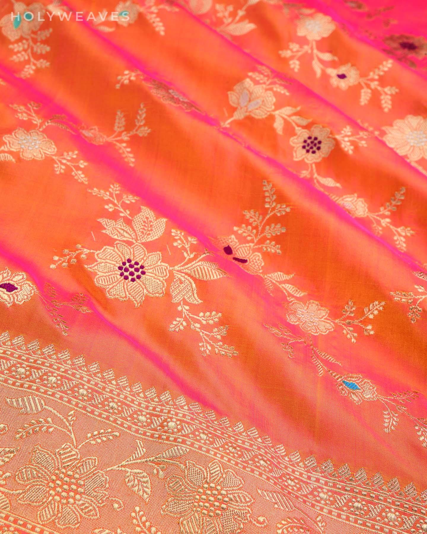 Shot Orange Banarasi Meena Jaal All-over Kadhuan Brocade Handwoven Katan Silk Saree - By HolyWeaves, Benares