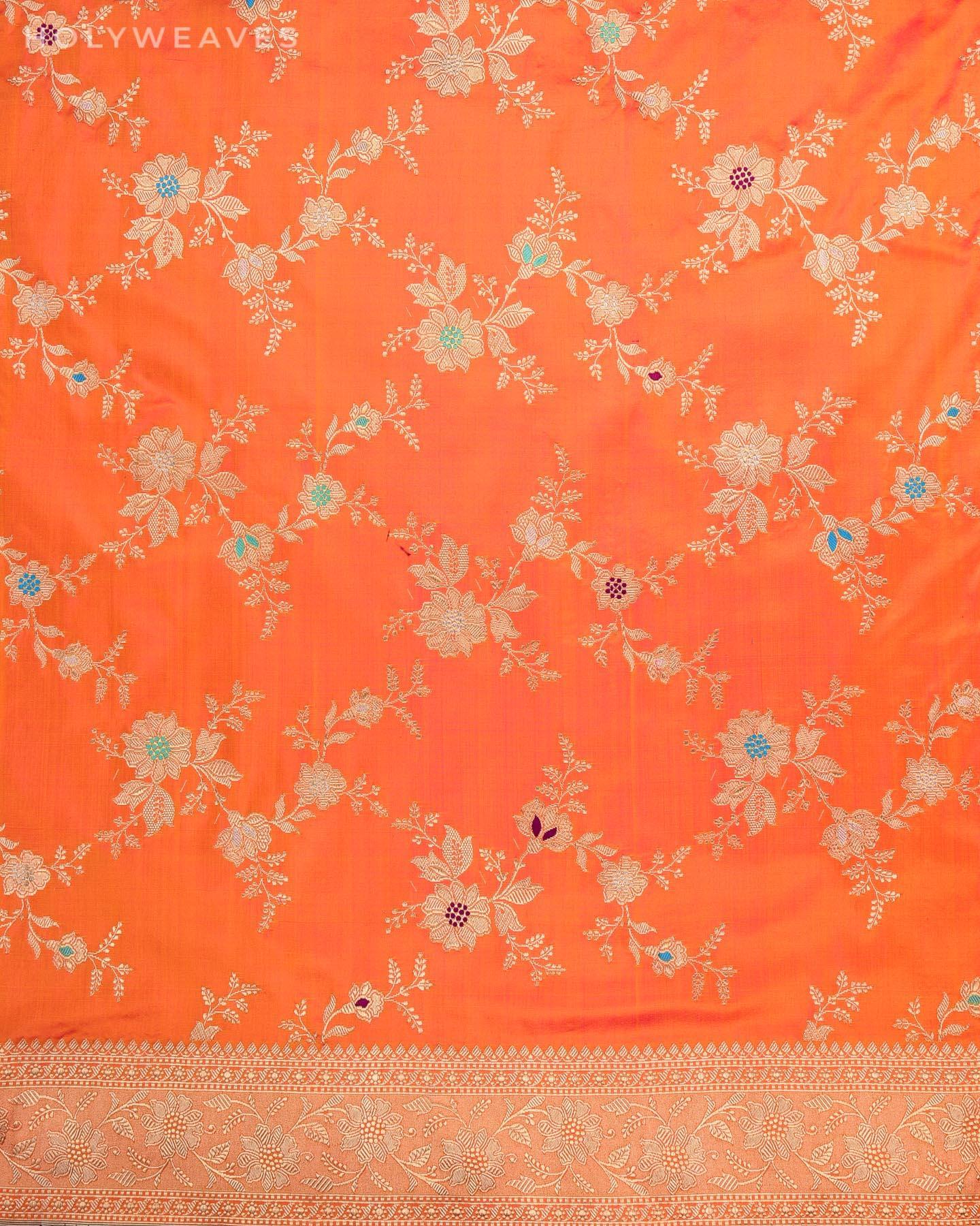 Shot Orange Banarasi Meena Jaal All-over Kadhuan Brocade Handwoven Katan Silk Saree - By HolyWeaves, Benares