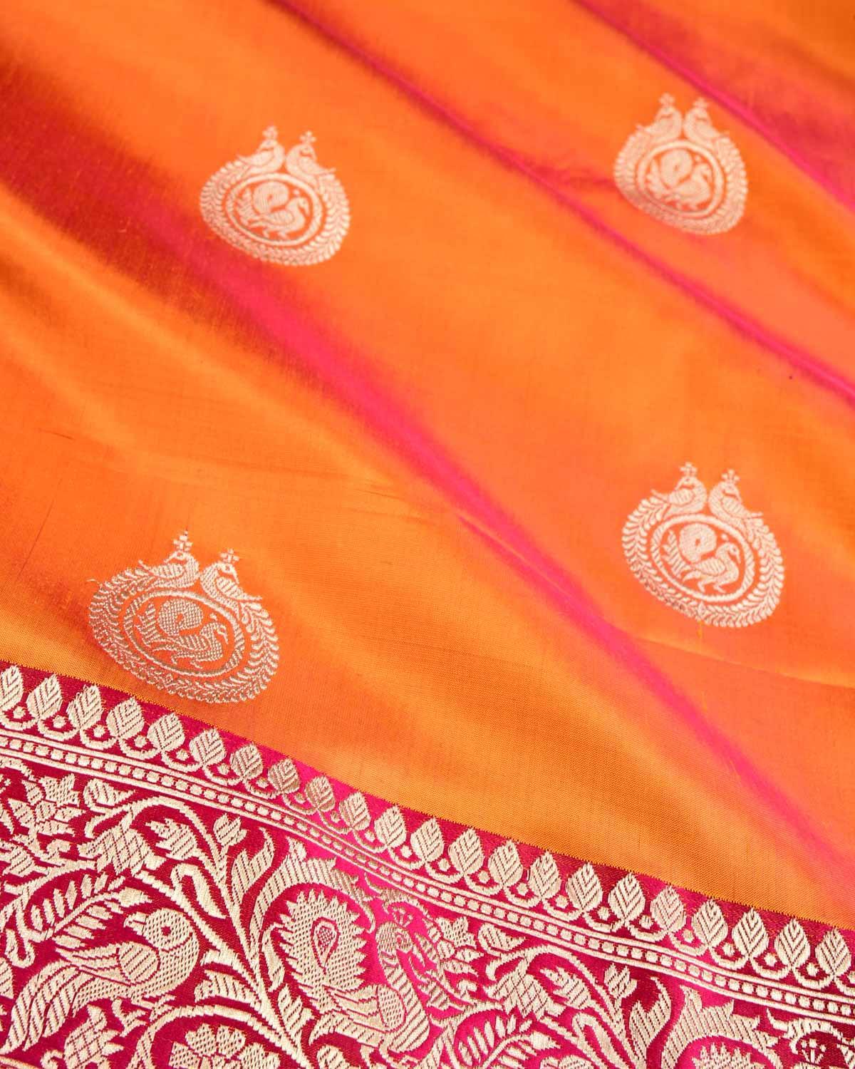 Shot Orange Banarasi Peacock Ring Kadhuan Brocade Handwoven Katan Silk Saree - By HolyWeaves, Benares
