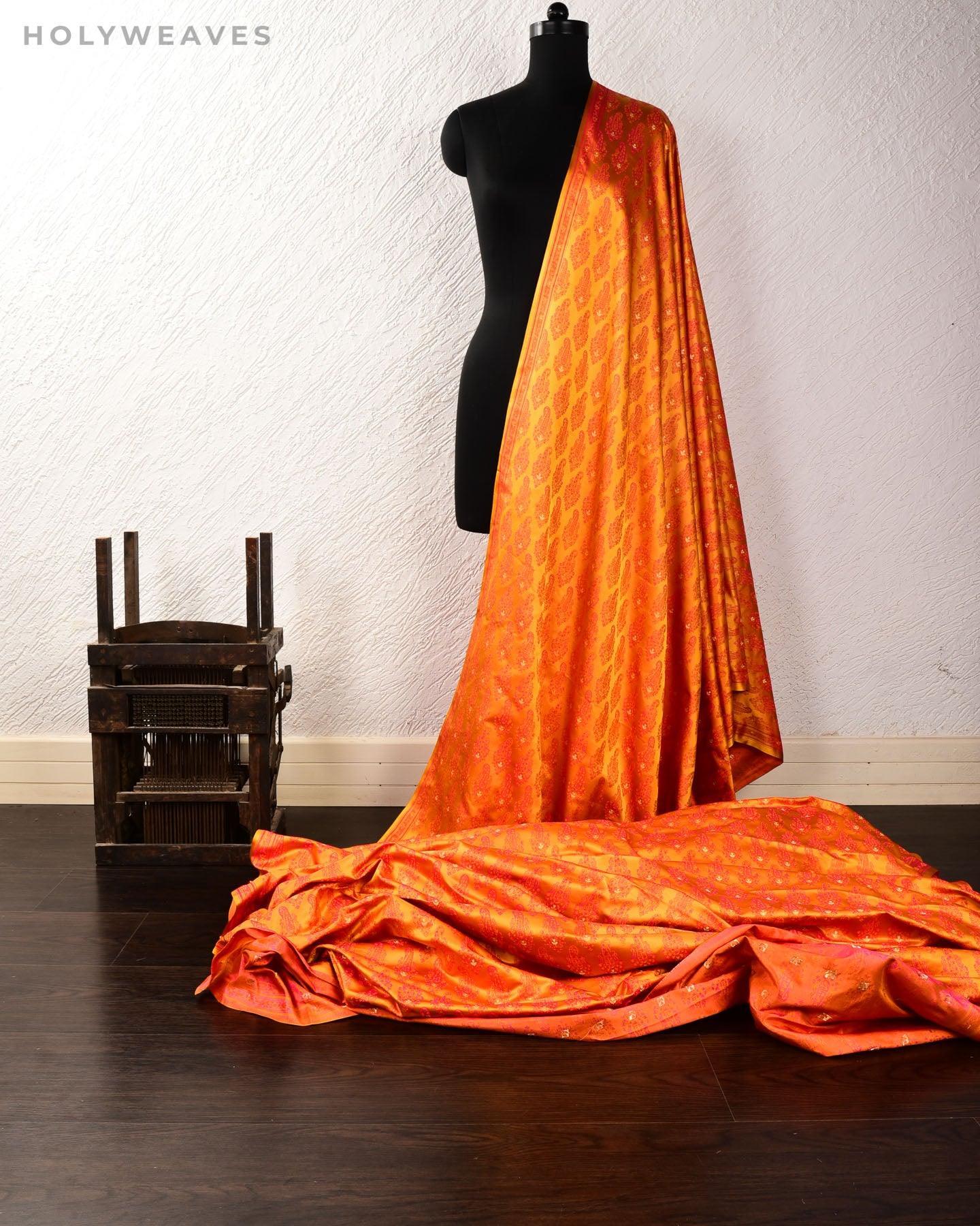Shot Orange Banarasi Tehra Jamawar Brocade Handwoven Katan Silk Fabric with Zari Accents - By HolyWeaves, Benares