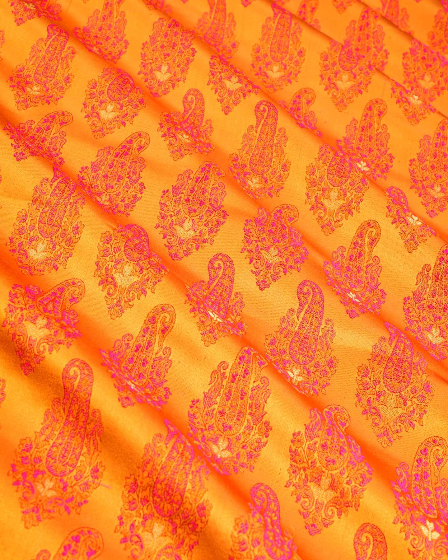 Shot Orange Banarasi Tehra Jamawar Brocade Handwoven Katan Silk Fabric with Zari Accents - By HolyWeaves, Benares