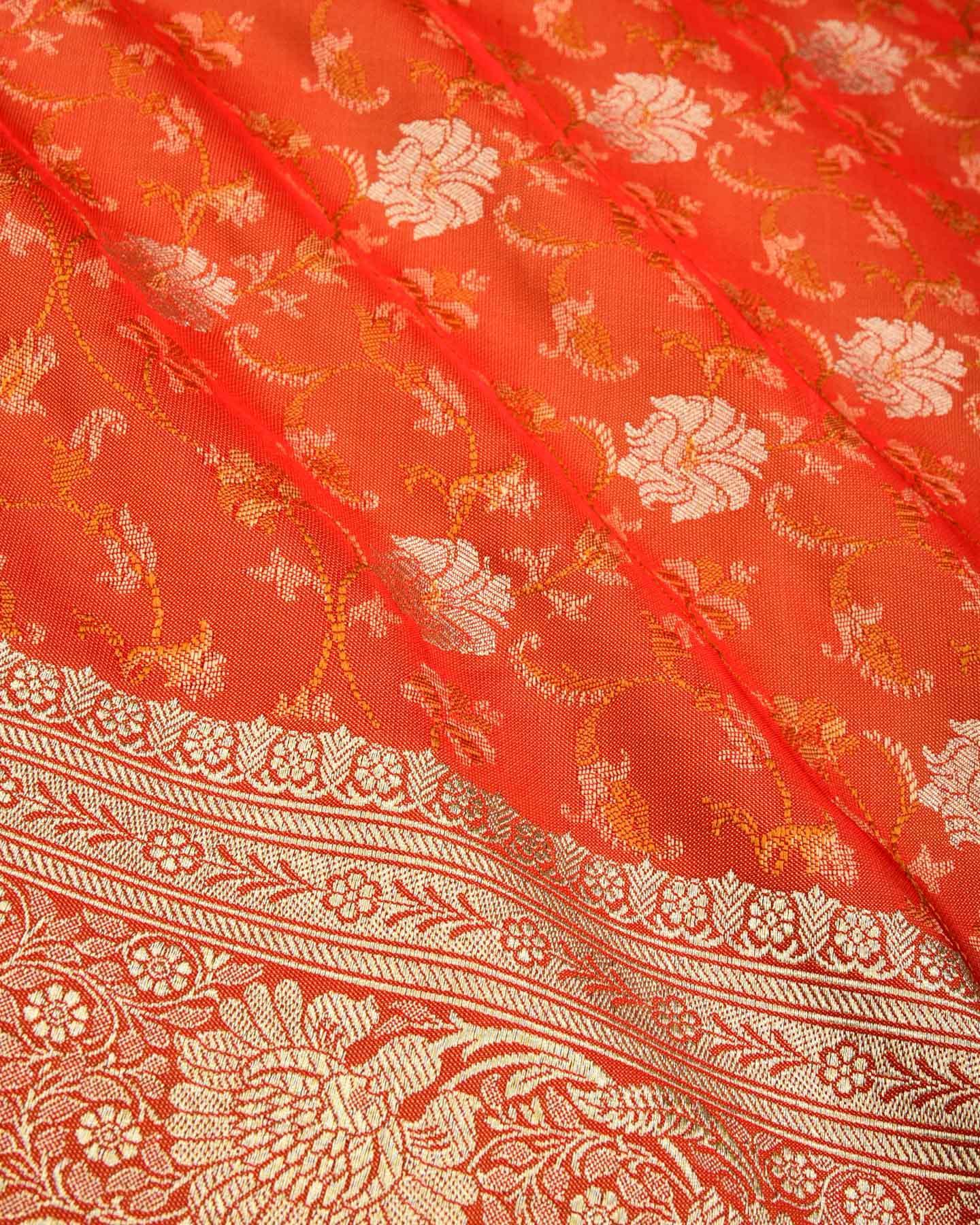 Shot Orange Banarasi Tehri Resham Meena and Gold Zari Maheen Jaal Satin Tanchoi Brocade Woven Art Silk Saree - By HolyWeaves, Benares