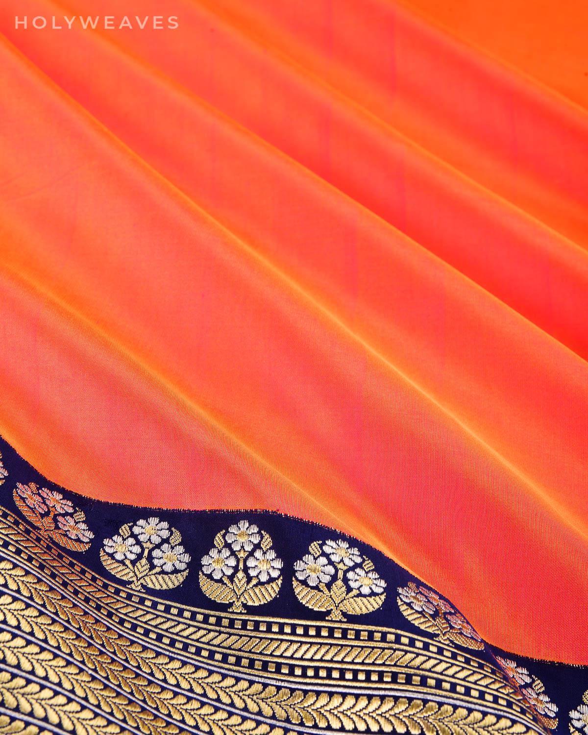 Shot Orange Peach Banarasi Kadhuan Brocade Handwoven Katan Silk Saree with Brocade Blouse Piece - By HolyWeaves, Benares