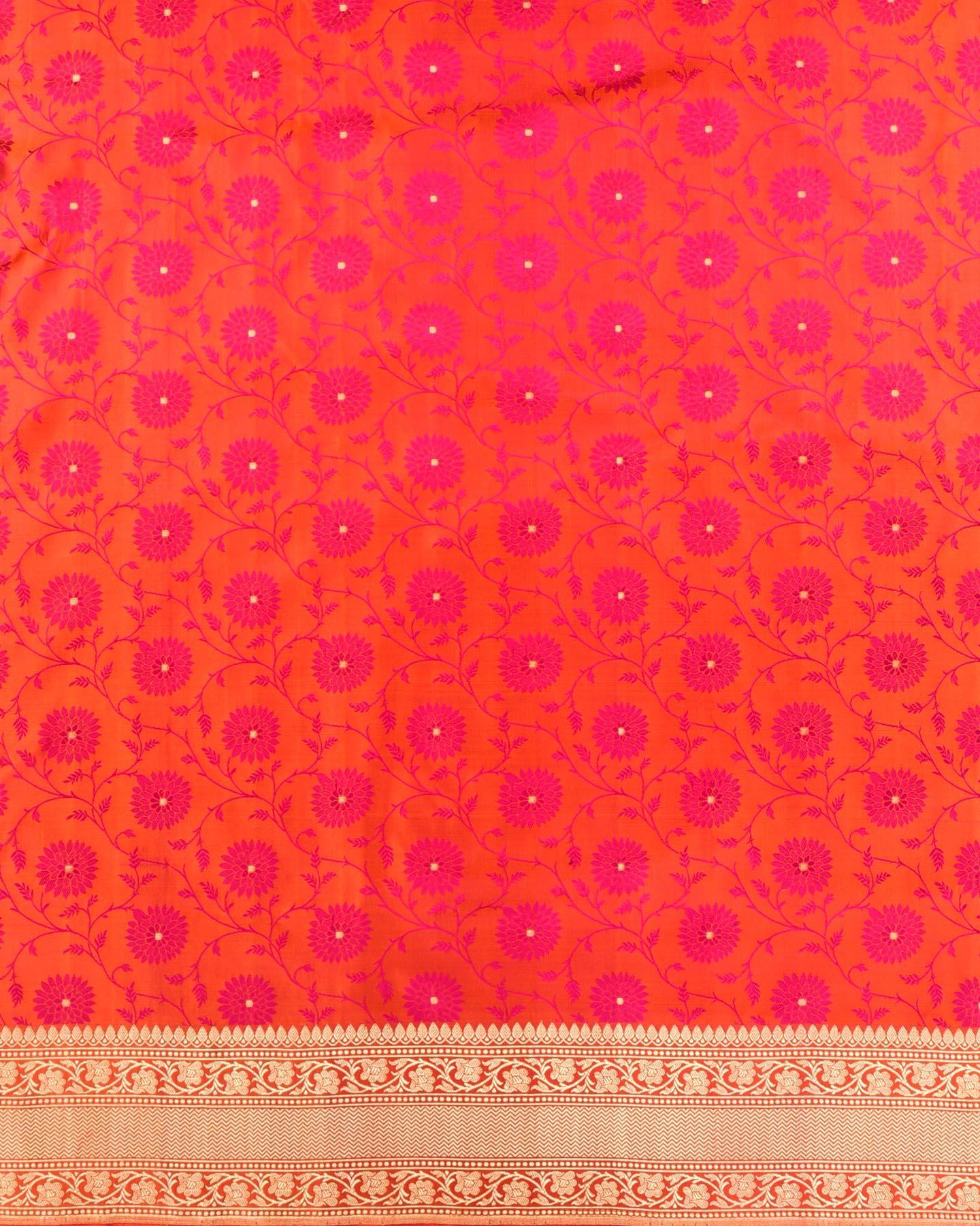 Shot Orange-Pink Banarasi Resham Floral Jaal Tanchoi Handwoven Katan Silk Saree with Gold Zari Accents - By HolyWeaves, Benares