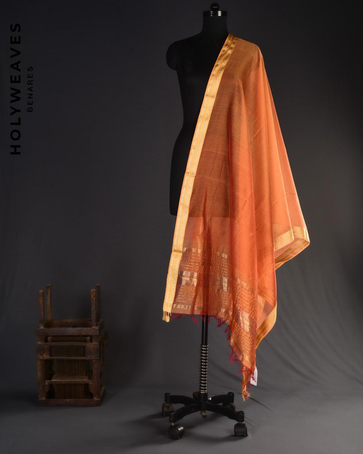 Shot Orange Woven Cotton Silk Dupatta with Brocade Border - By HolyWeaves, Benares