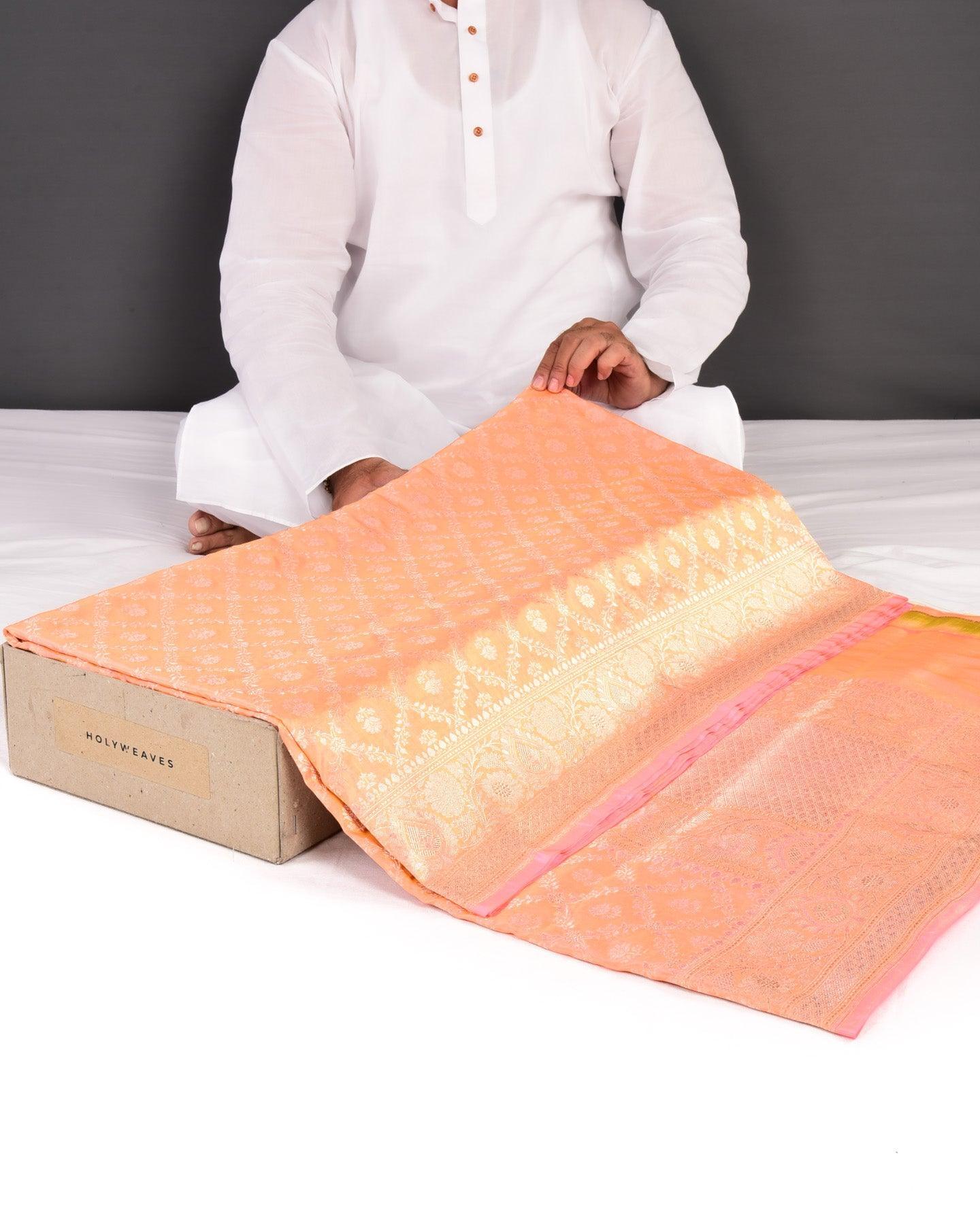 Shot Peach Banarasi Foral Jangla Sona Zari Cutwork Brocade Handwoven Katan Silk Saree - By HolyWeaves, Benares