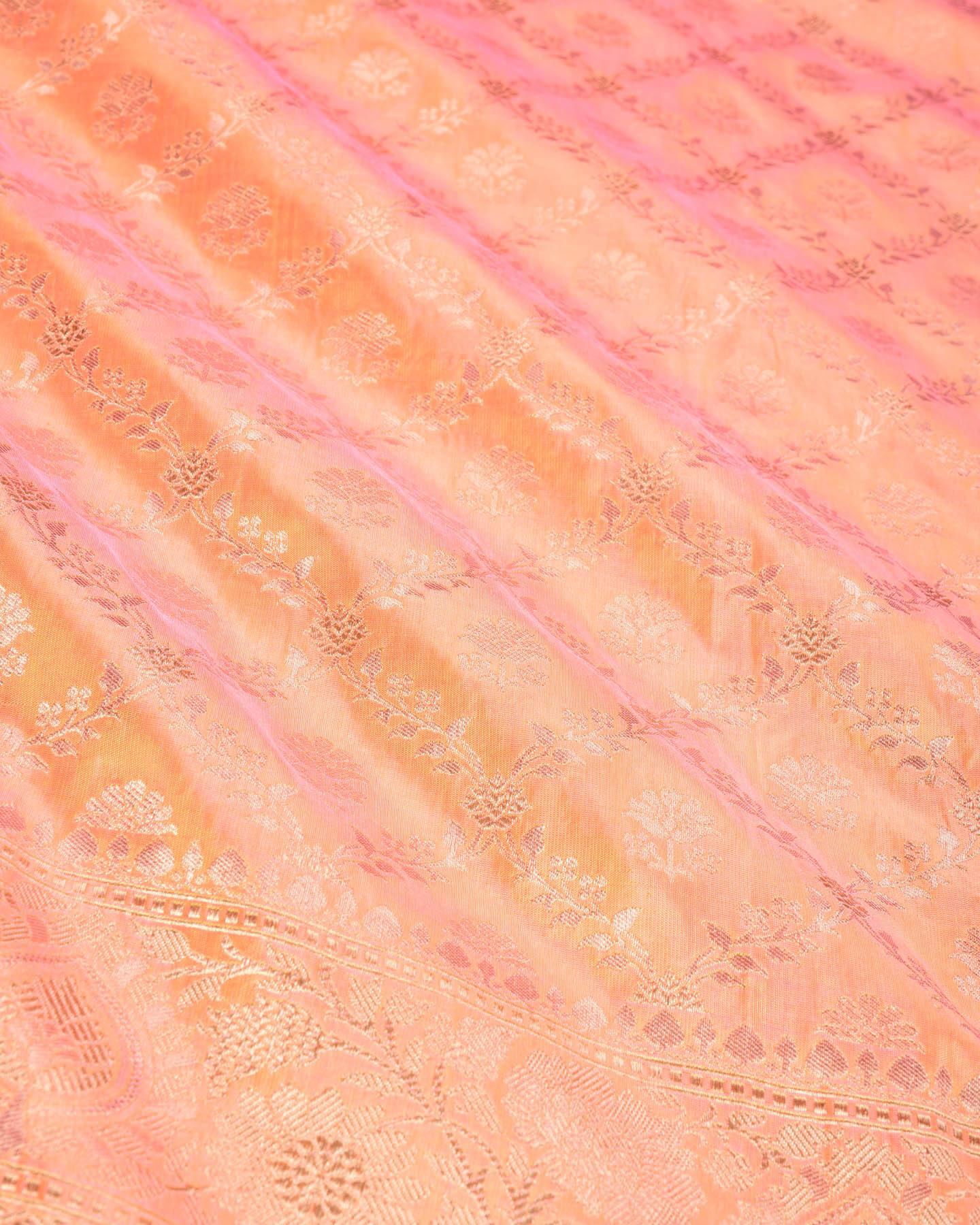 Shot Peach Banarasi Foral Jangla Sona Zari Cutwork Brocade Handwoven Katan Silk Saree - By HolyWeaves, Benares