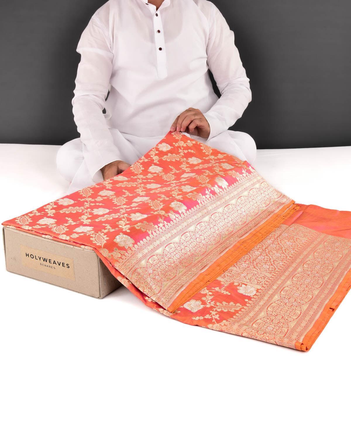 Shot Peach Banarasi Gold & Silver Zari Alfi Floral Jaal Cutwork Brocade Handwoven Katan Silk Saree - By HolyWeaves, Benares