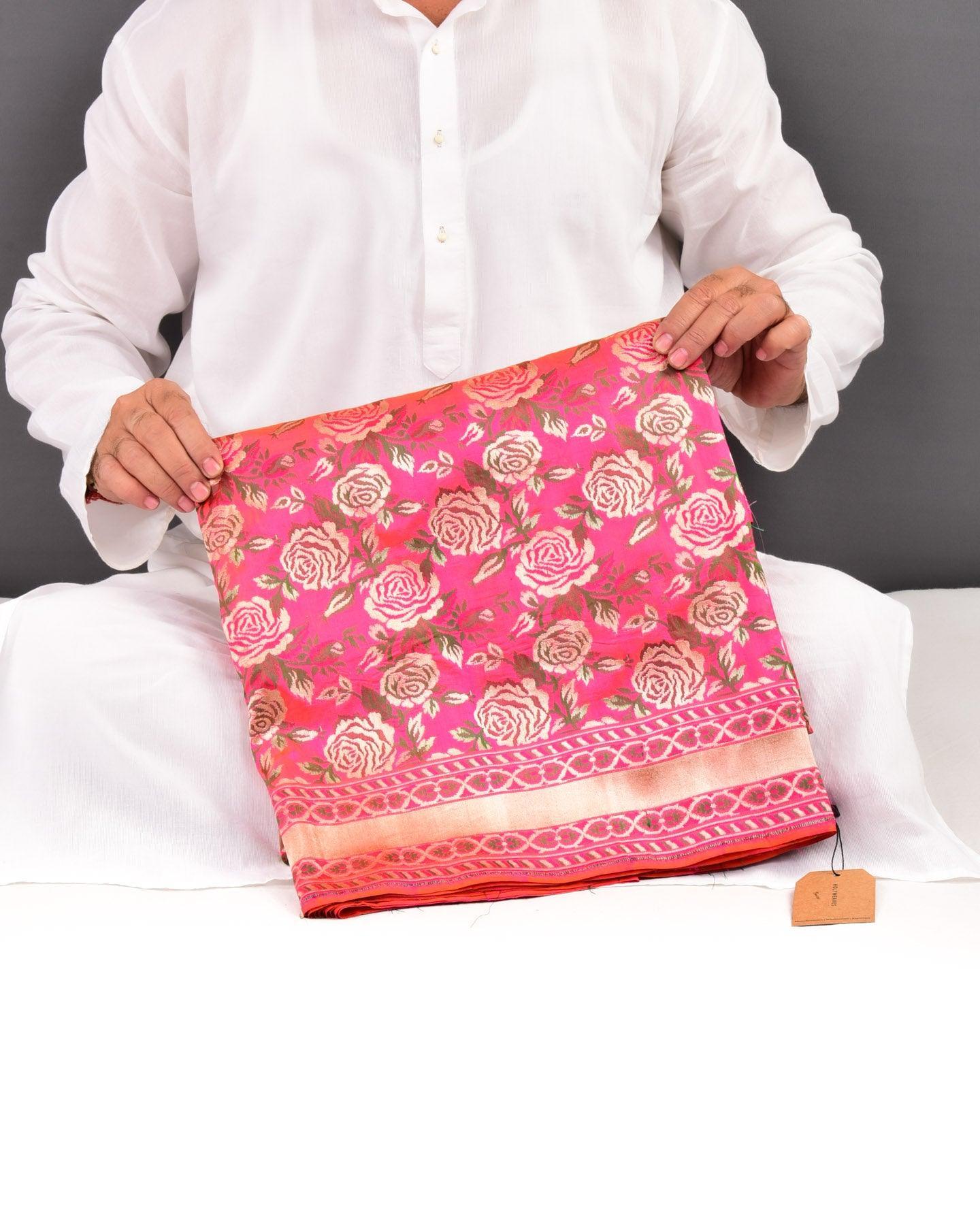 Shot Peach Banarasi Gulab Jaal Gold Zari & Resham Cutwork Brocade Handwoven Katan Silk Saree - By HolyWeaves, Benares