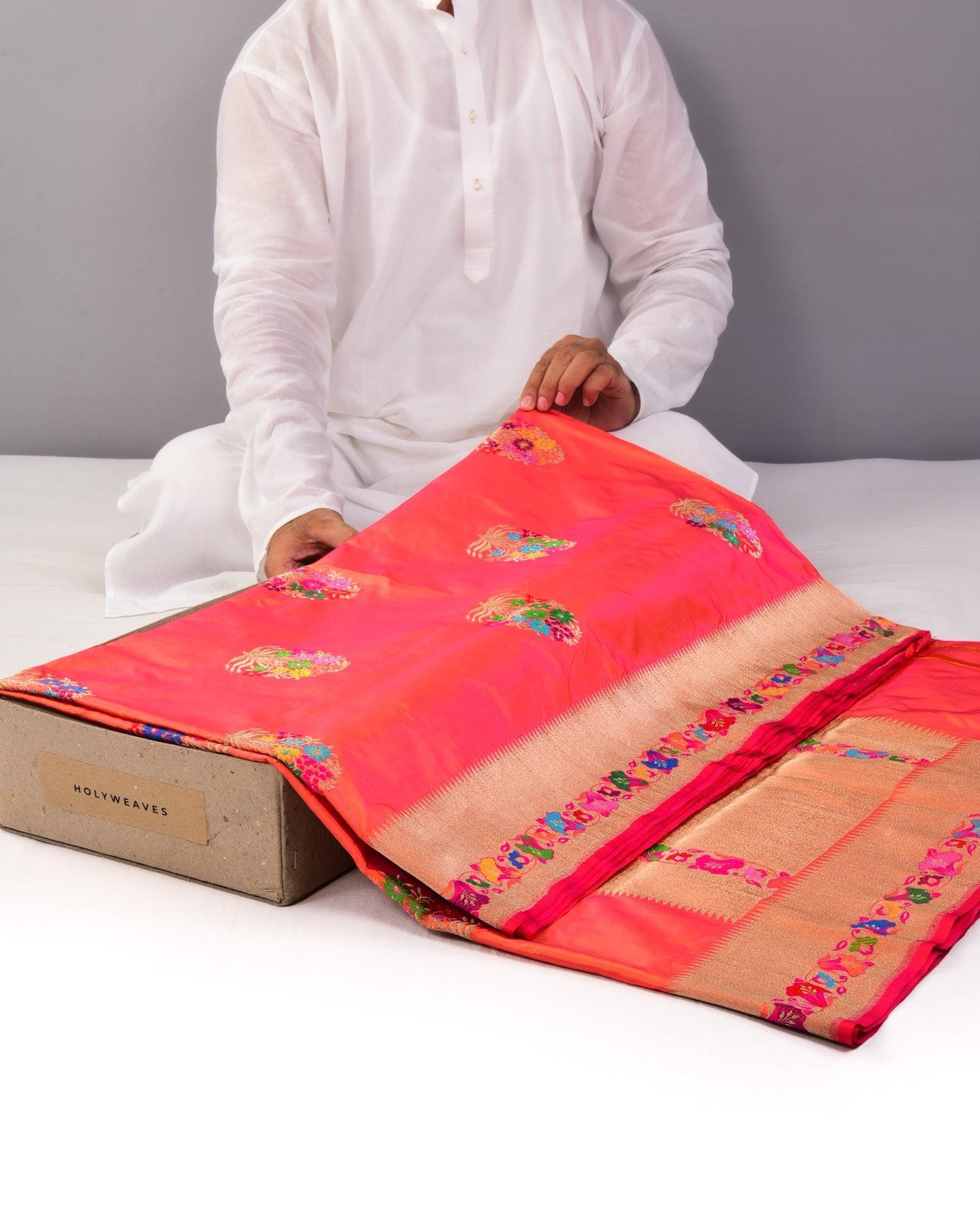 Shot Peach Banarasi Seven-Color Buta Kadhuan Brocade Handwoven Katan Silk Saree - By HolyWeaves, Benares