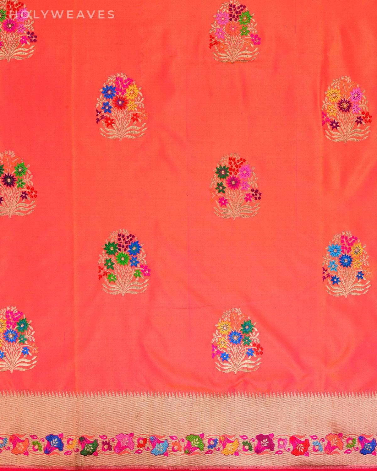 Shot Peach Banarasi Seven-Color Buta Kadhuan Brocade Handwoven Katan Silk Saree - By HolyWeaves, Benares