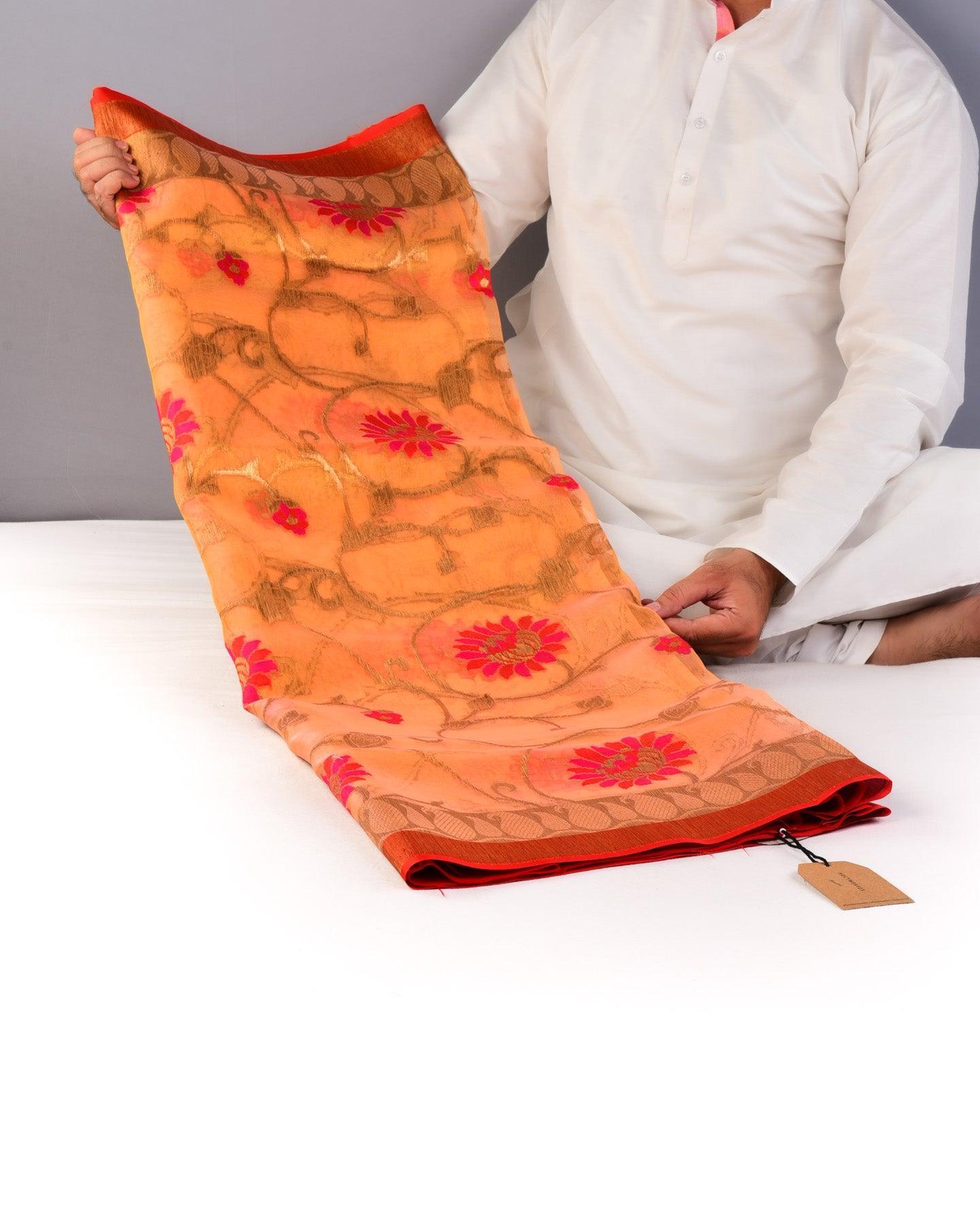 Shot Peach Banarasi Tehra Floral Jaal Cutwork Brocade Handwoven Kora Silk Saree - By HolyWeaves, Benares