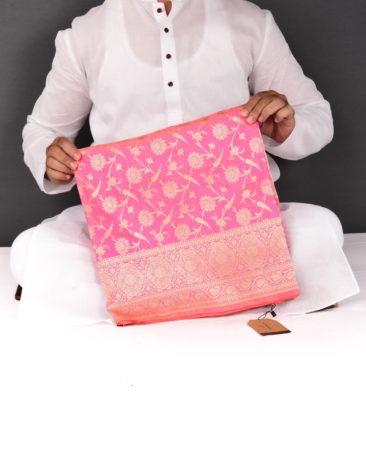 Shot Pink Banarasi Floral Jaal Gold Zari Cutwork Brocade Handwoven Katan Silk Saree - By HolyWeaves, Benares